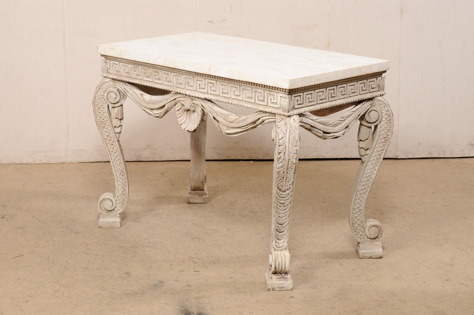 English Console Table W/Intricate Carvings and a Tessellated Travertine Top 2