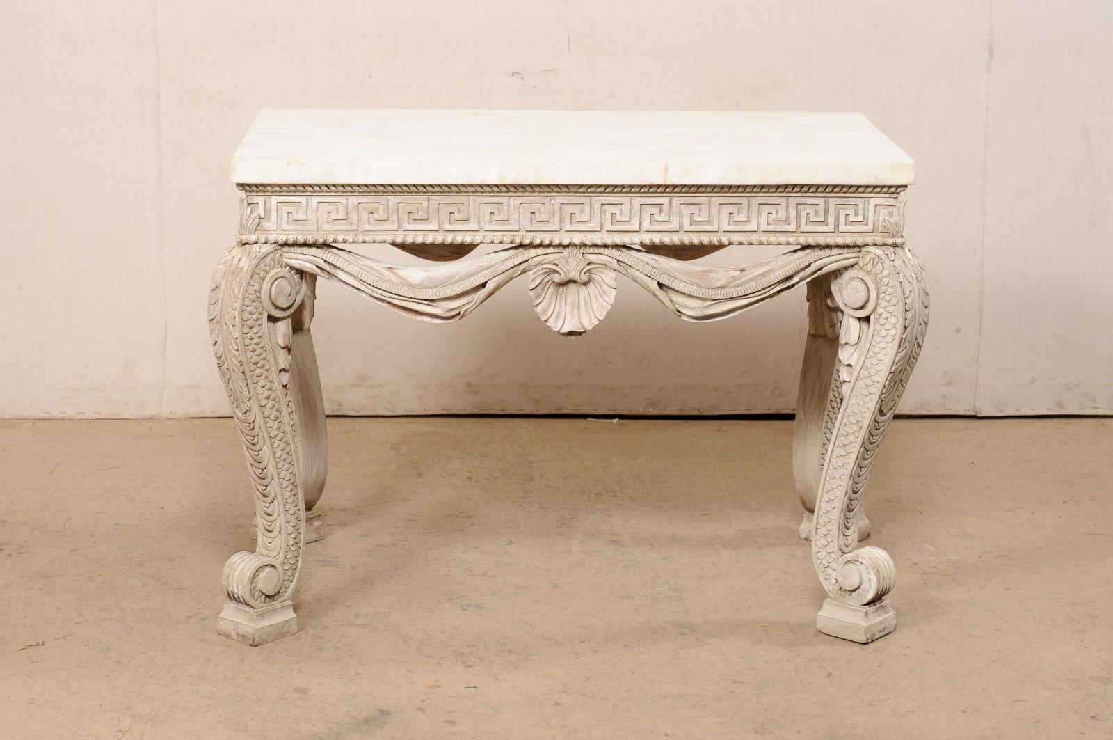 English Console Table W/Intricate Carvings and a Tessellated Travertine Top 3