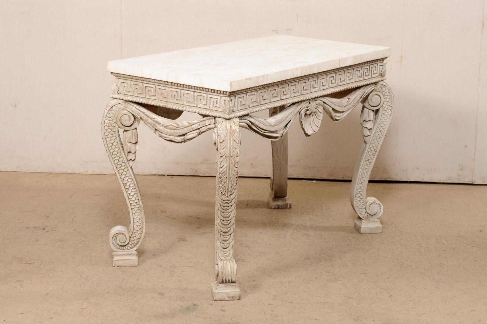 English Console Table W/Intricate Carvings and a Tessellated Travertine Top 4