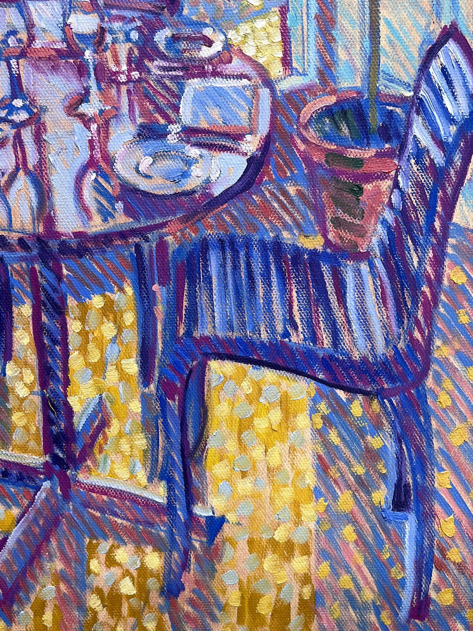 Tavolo da pranzo viola luminoso Interno dipinto ad olio con cornice Moderna Inglese - Painting Impressionismo di English Contemporary