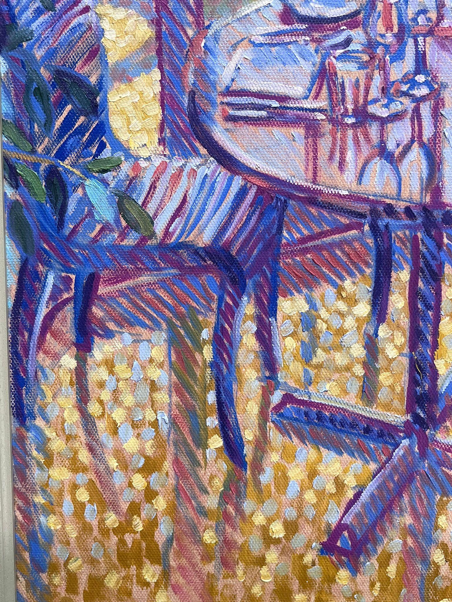 Tavolo da pranzo viola luminoso Interno dipinto ad olio con cornice Moderna Inglese - Abstract Painting Grigio di English Contemporary