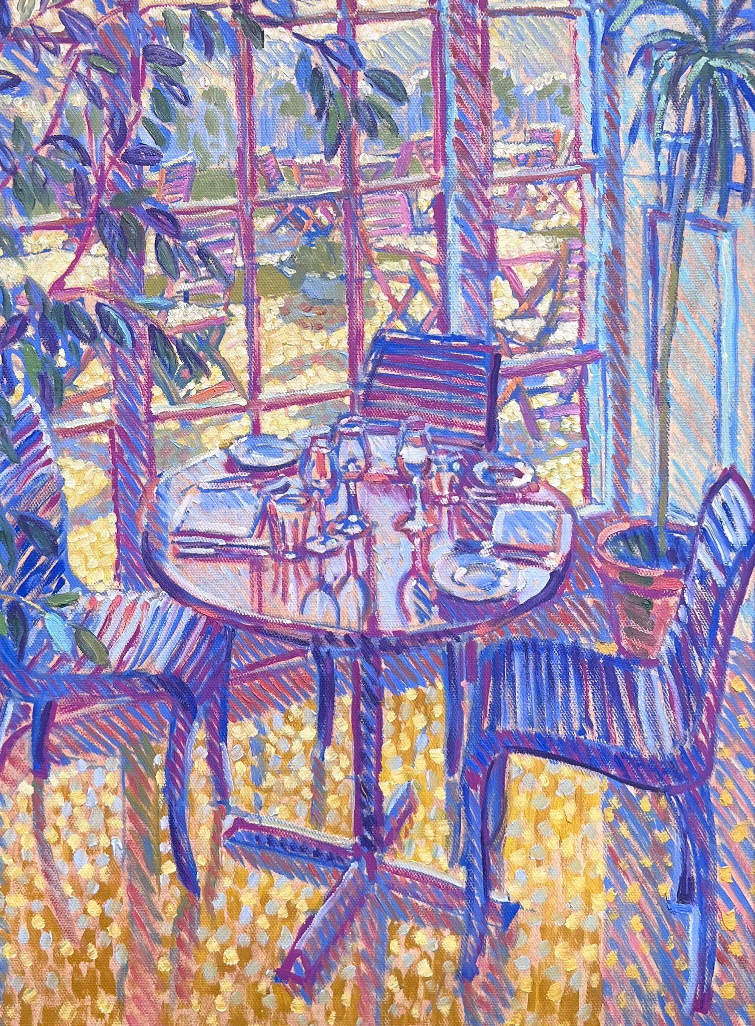 Abstract Painting di English Contemporary - Tavolo da pranzo viola luminoso Interno dipinto ad olio con cornice Moderna Inglese