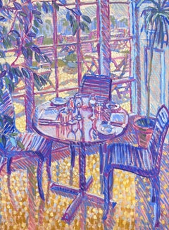 Luminous Purple Dining Table Sunlit Interior Oil Painting Framed Modern English