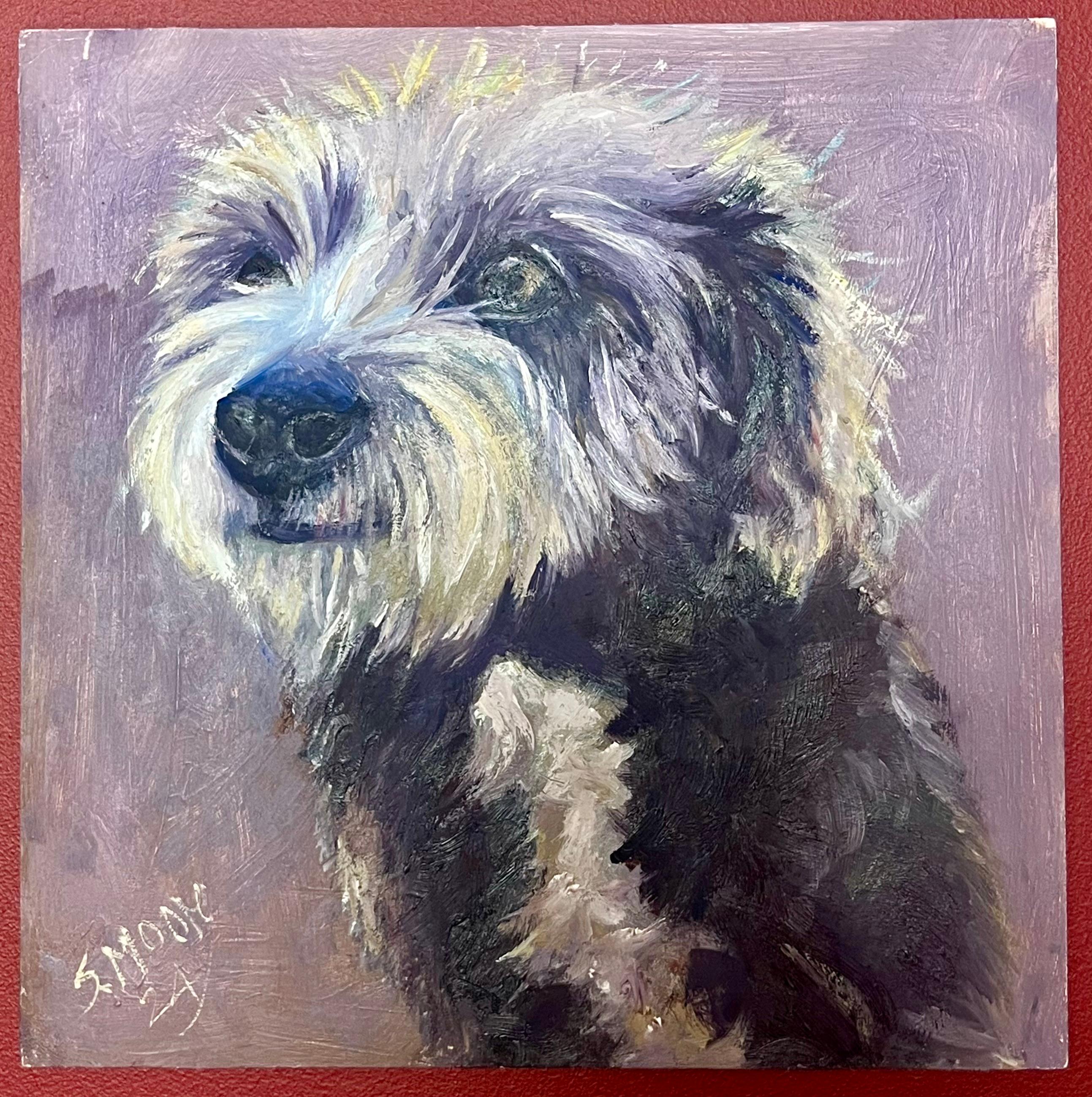 Ritratto di cane terrier trasandato firmato Pittura ad olio 2024 - Painting di English Contemporary
