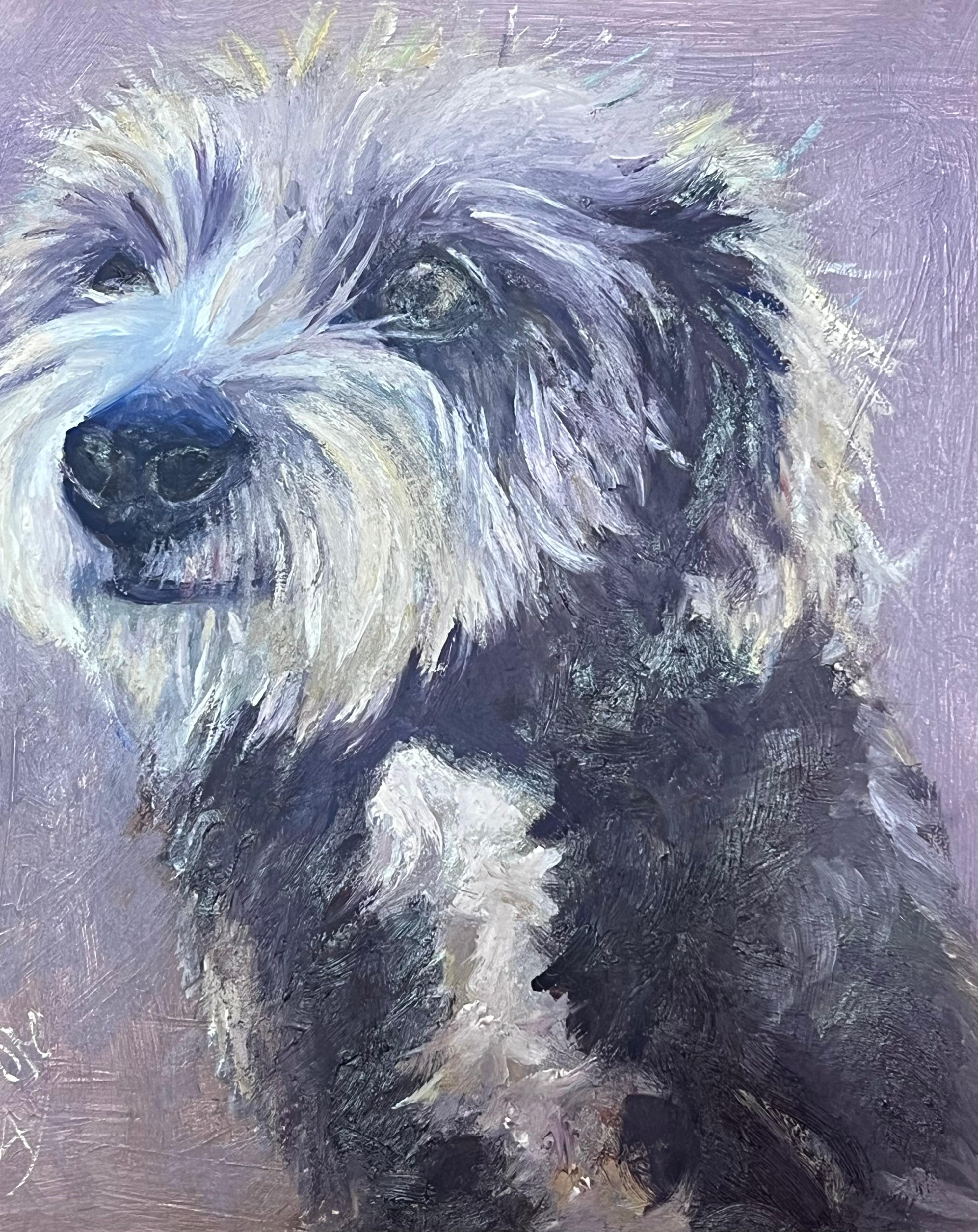 Ritratto di cane terrier trasandato firmato Pittura ad olio 2024 - Animal Painting Grigio di English Contemporary