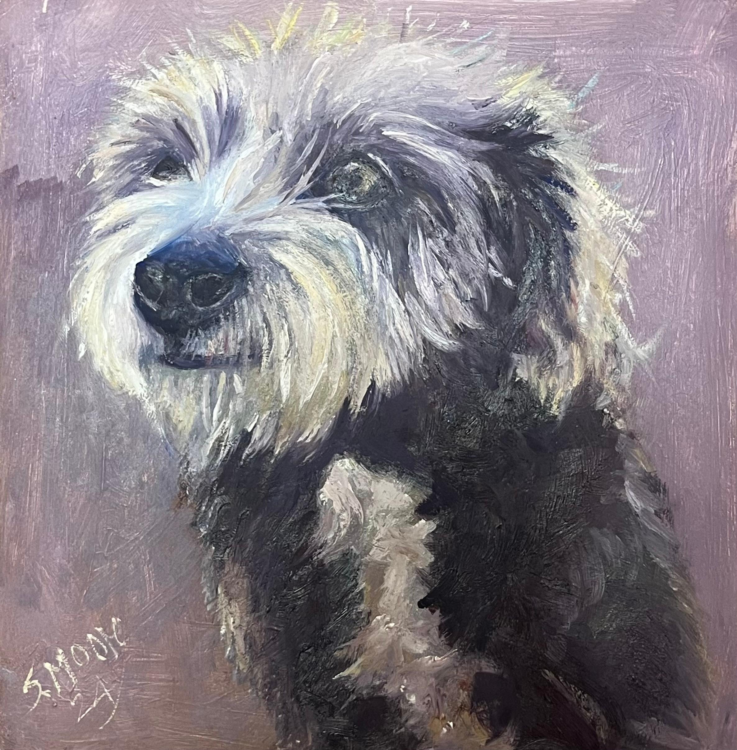 Animal Painting di English Contemporary - Ritratto di cane terrier trasandato firmato Pittura ad olio 2024