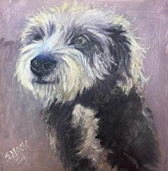 Retrato de un perro terrier desaliñado Pintura al óleo firmada 2024