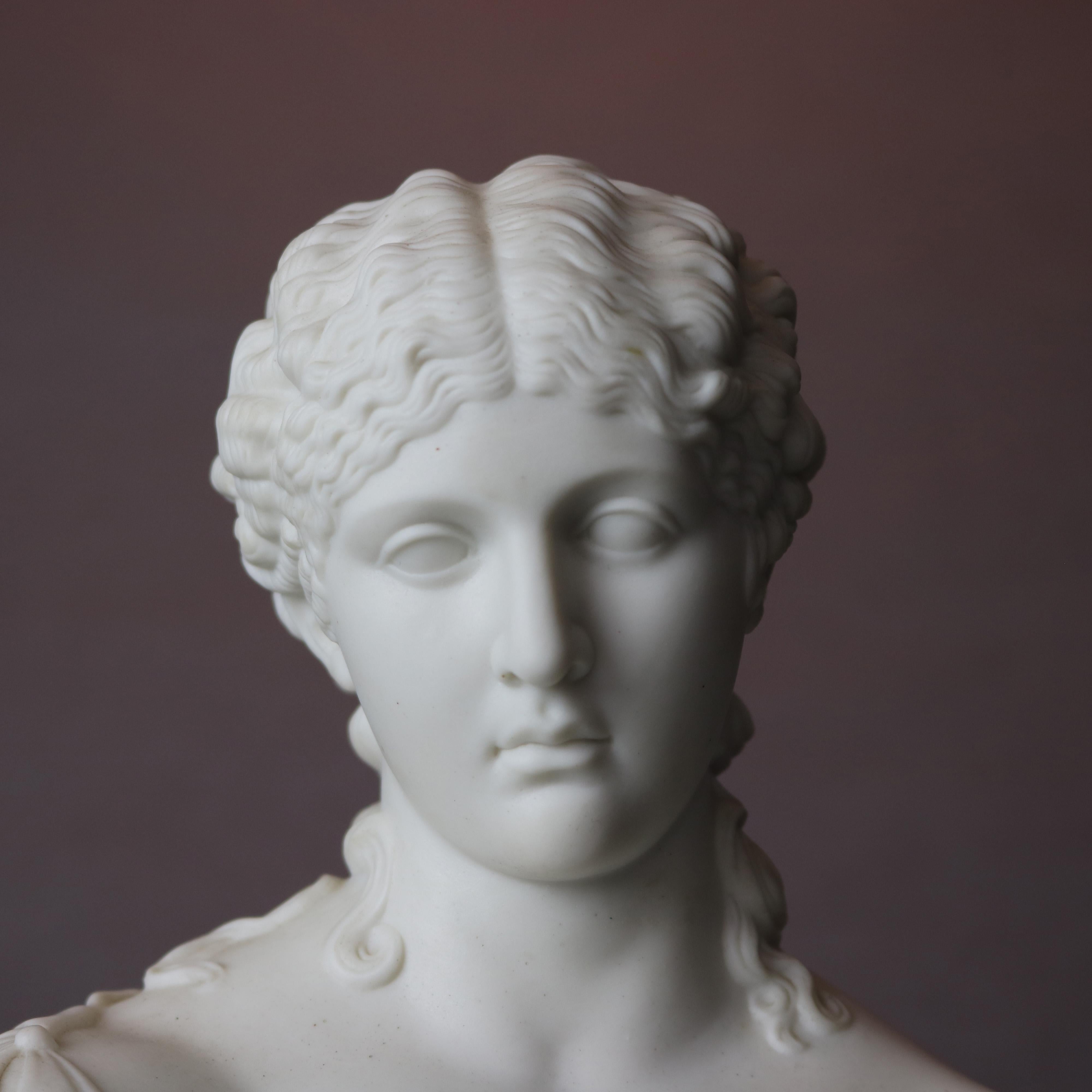 English Copeland School Parian portrait bust sculpture depicts classical woman framed by floral petals, reminiscent of a flower, raised on stepped plinth, circa 1890.

Measures: 12
