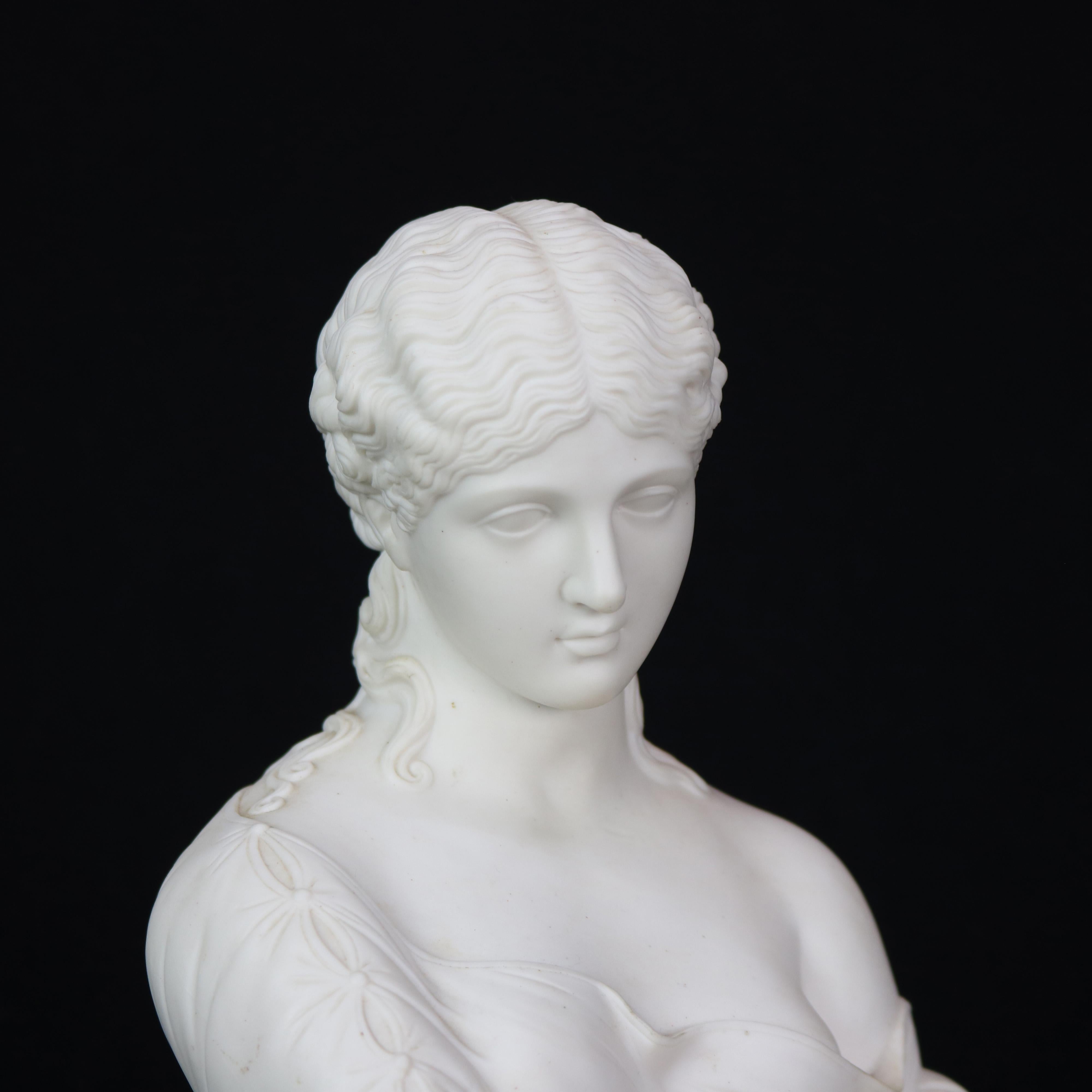 English Copeland School Parian portrait bust sculpture depicts classical woman framed by floral petals, reminiscent of a flower, raised on stepped plinth, circa 1890.

Measures: 9