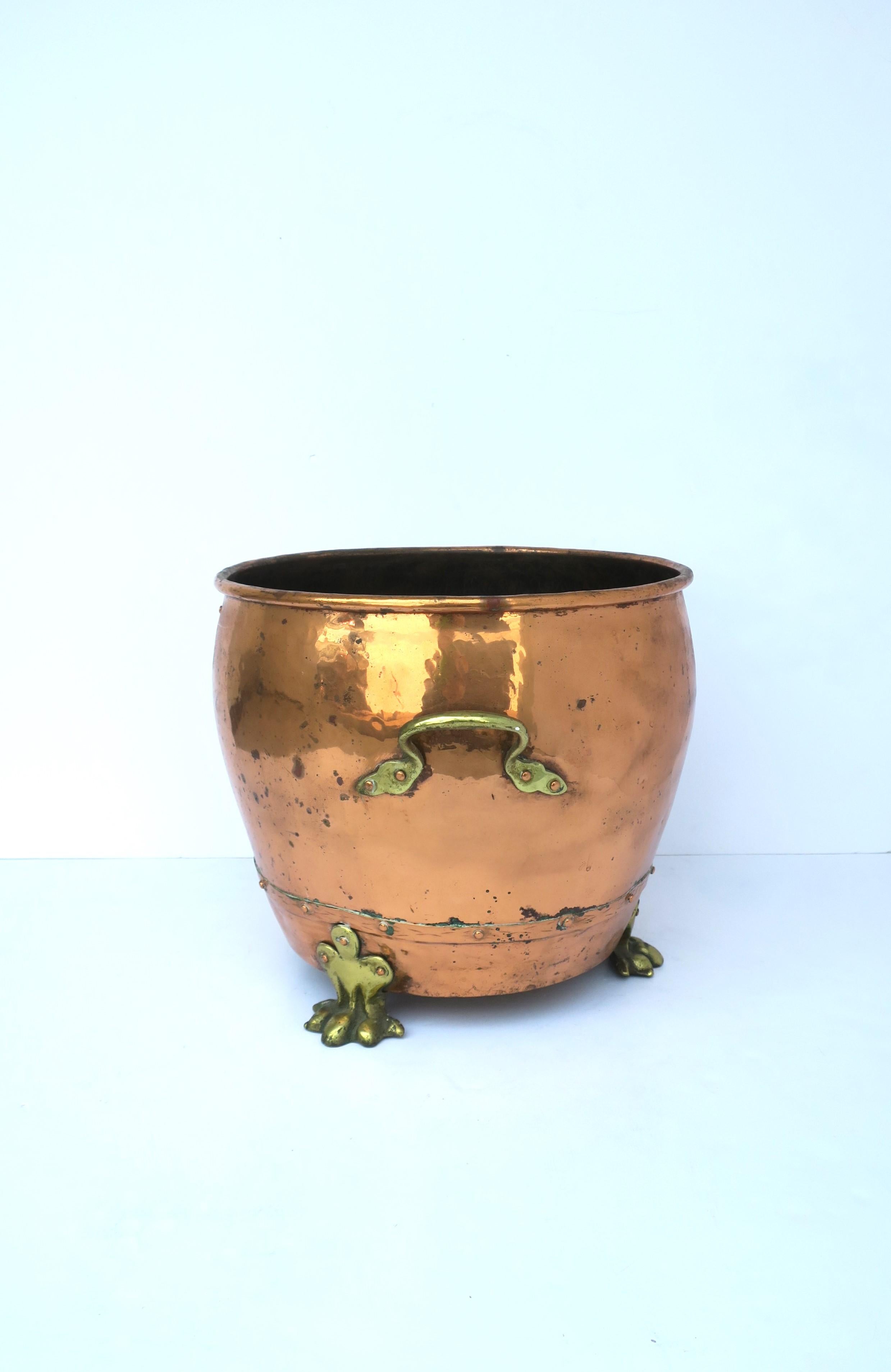 20th Century English Copper and Brass Fireplace Chimney or Firewood Pot with Lion Paw Feet