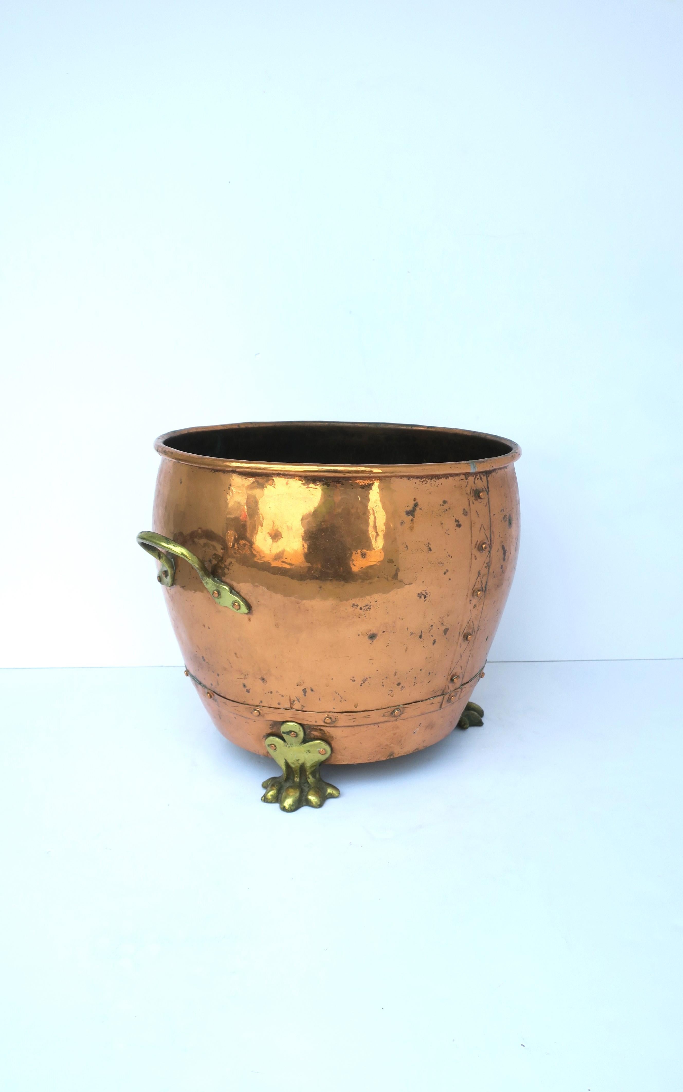 English Copper and Brass Fireplace Chimney or Firewood Pot with Lion Paw Feet 1
