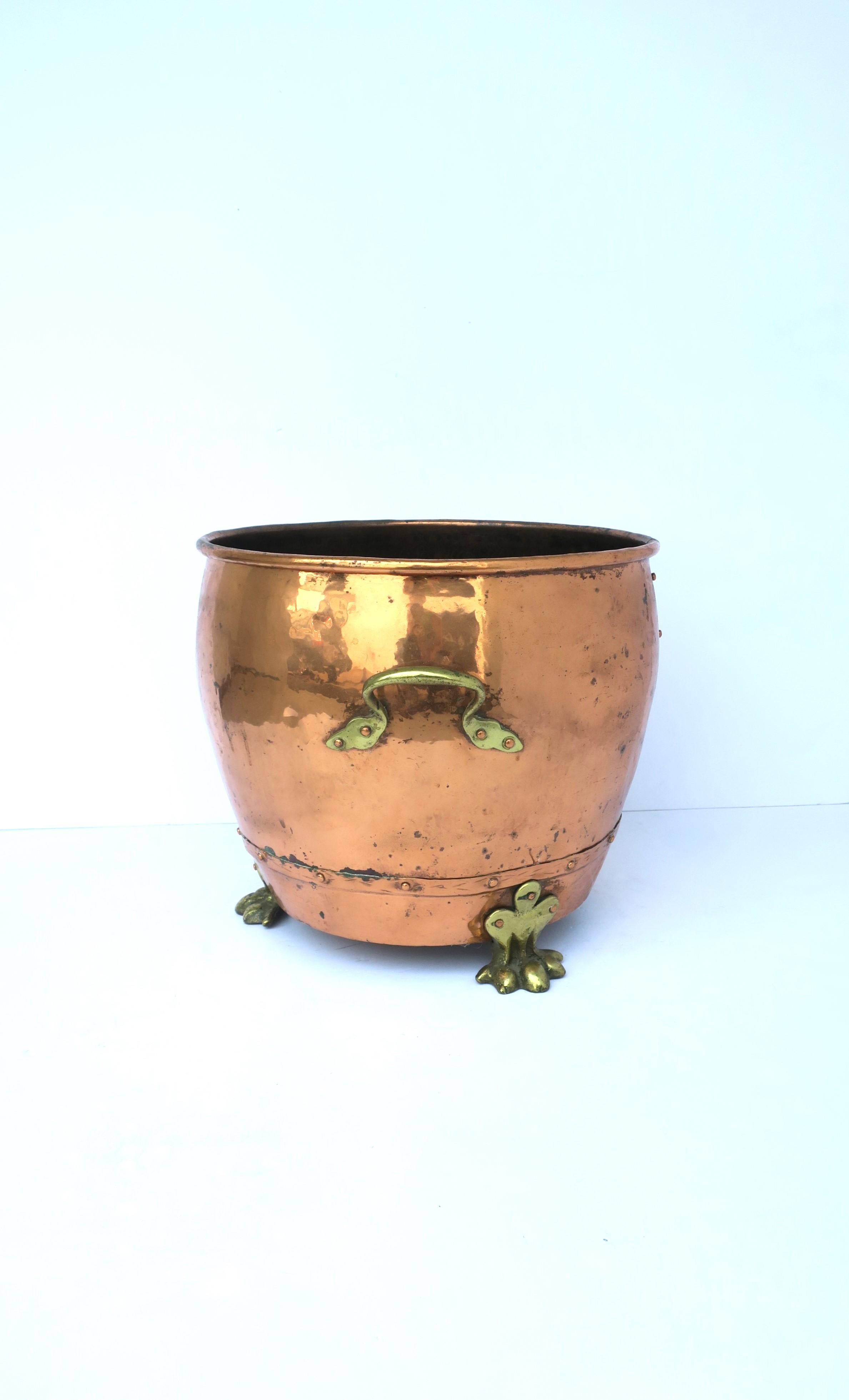 English Copper and Brass Fireplace Chimney or Firewood Pot with Lion Paw Feet 2