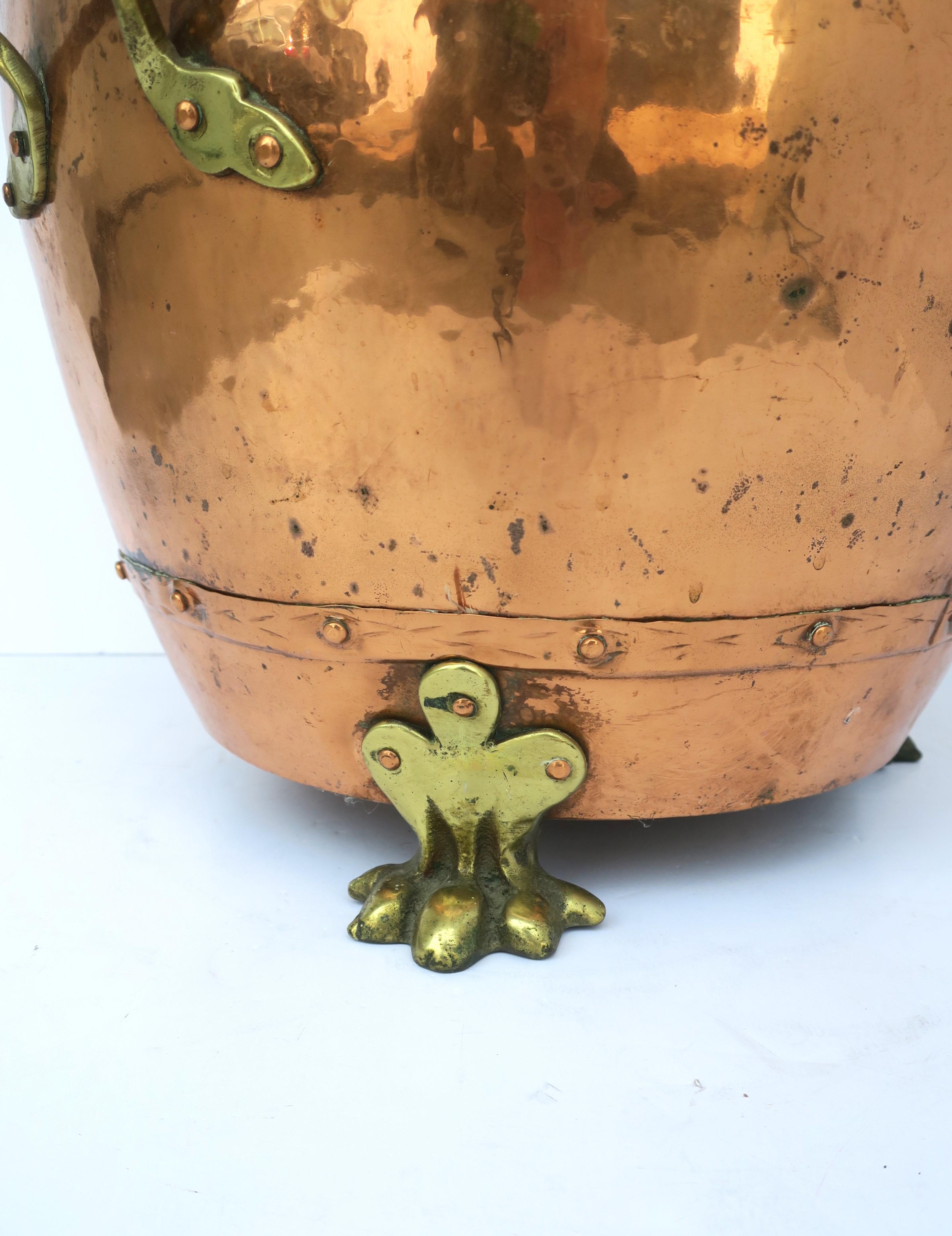 English Copper and Brass Fireplace Chimney or Firewood Pot with Lion Paw Feet 3