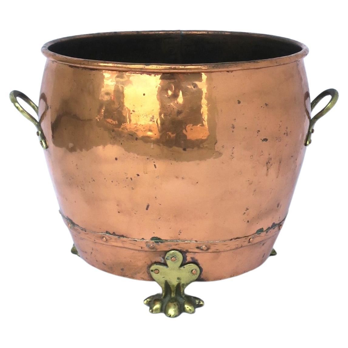 English Copper and Brass Fireplace Chimney or Firewood Pot with Lion Paw Feet