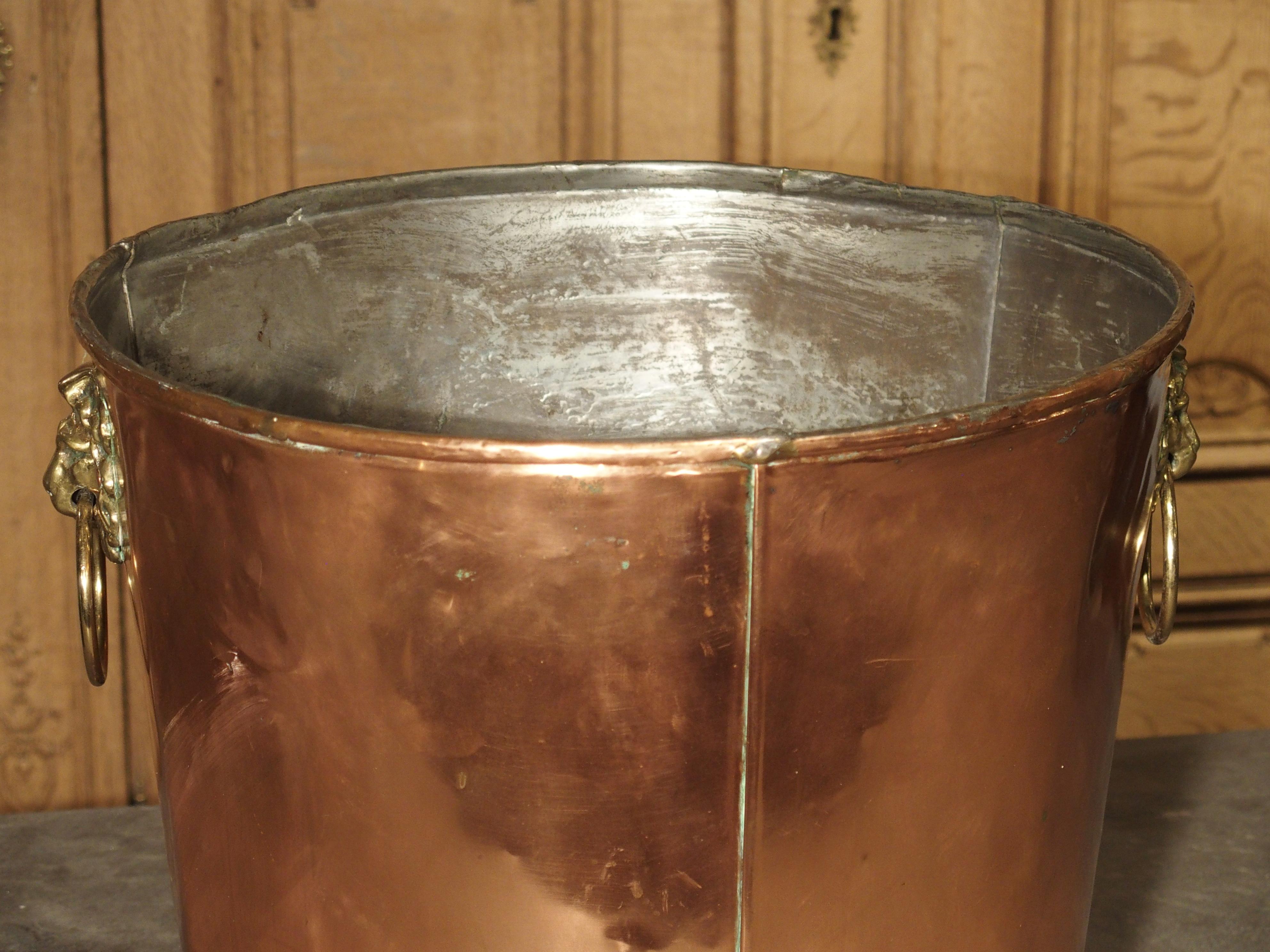 English Copper and Brass Log Bucket with Lion Head Ring Handles and Paw Feet 3