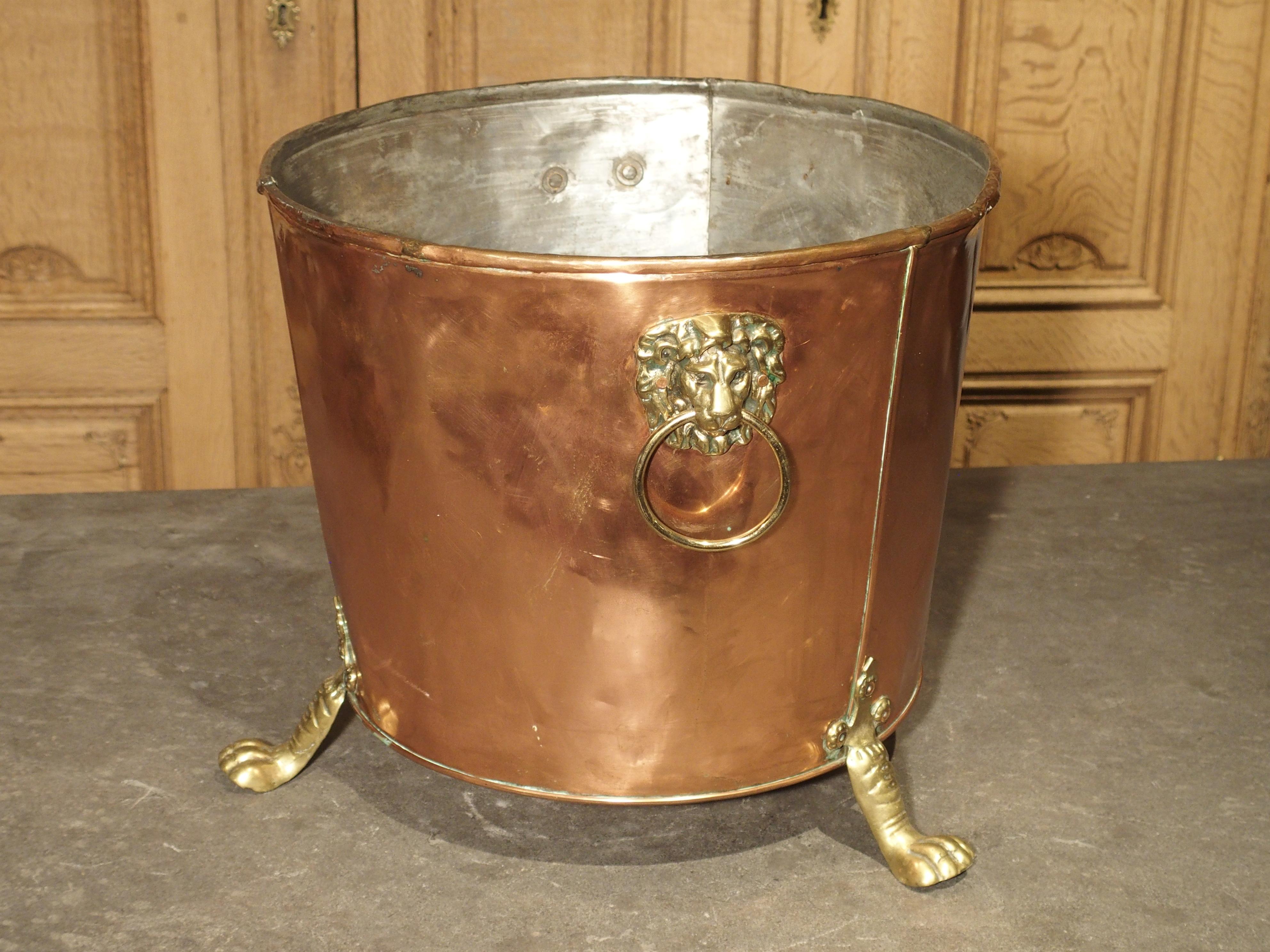 English Copper and Brass Log Bucket with Lion Head Ring Handles and Paw Feet 4