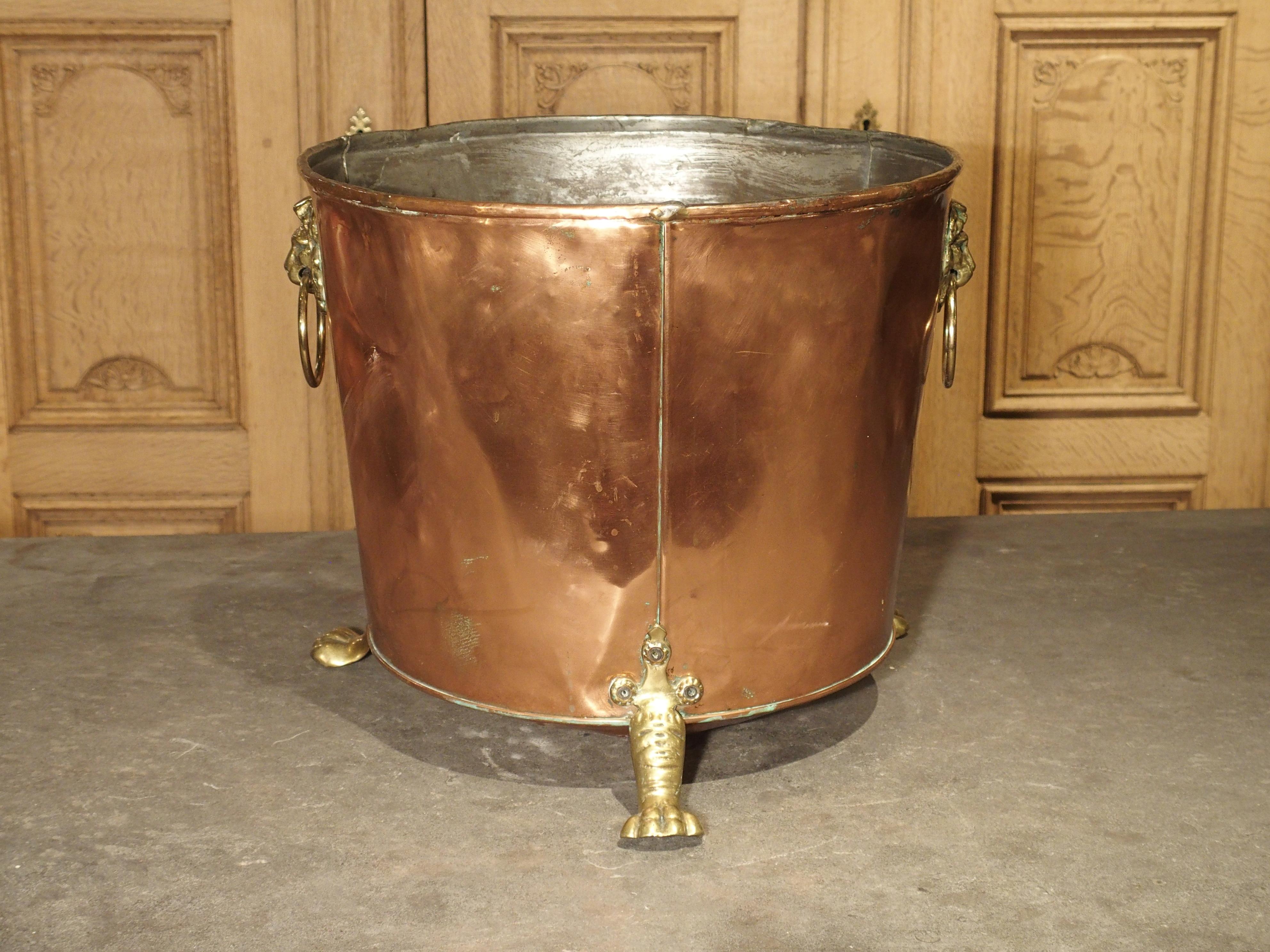 English Copper and Brass Log Bucket with Lion Head Ring Handles and Paw Feet 1