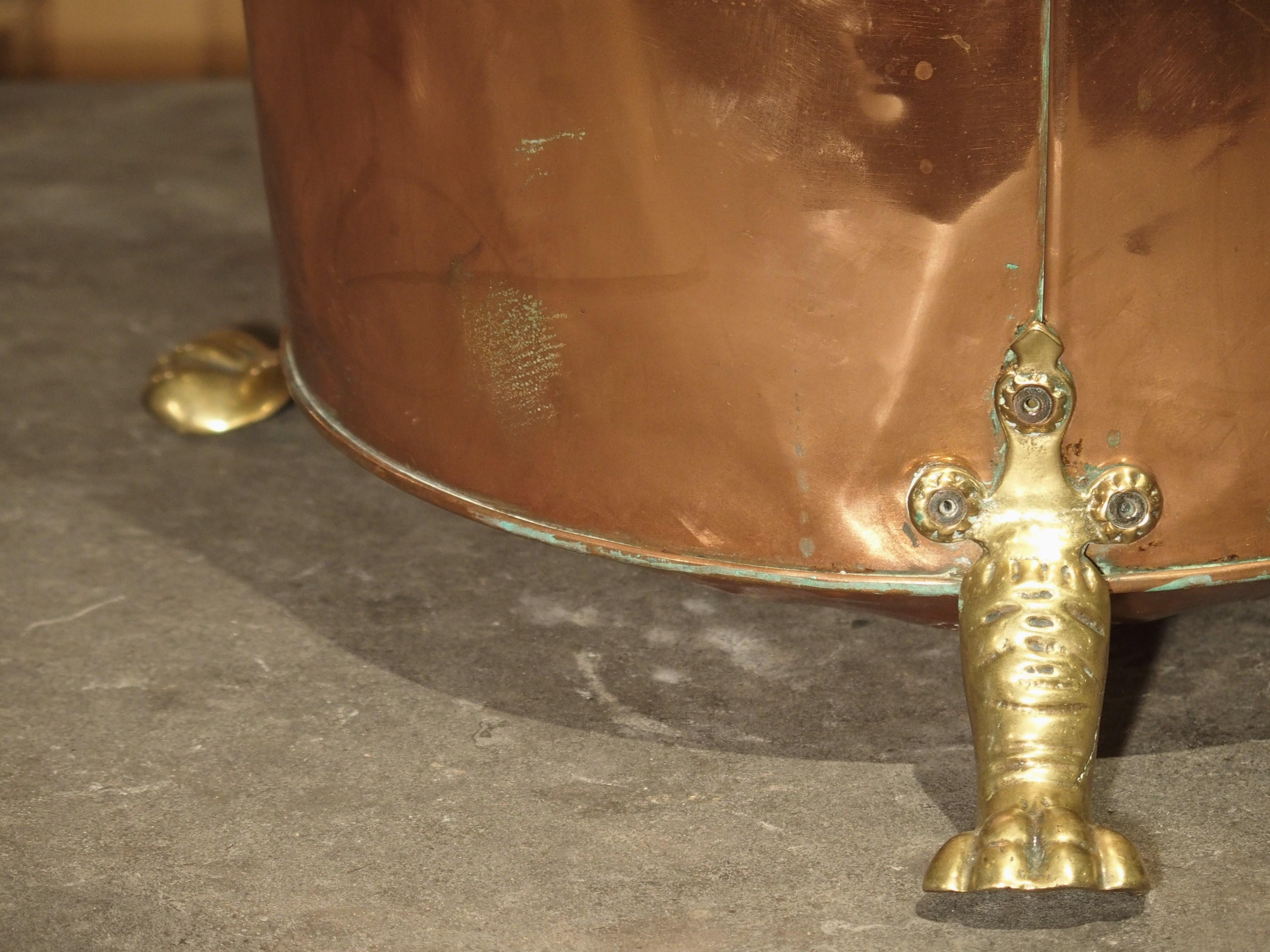 English Copper and Brass Log Bucket with Lion Head Ring Handles and Paw Feet 2