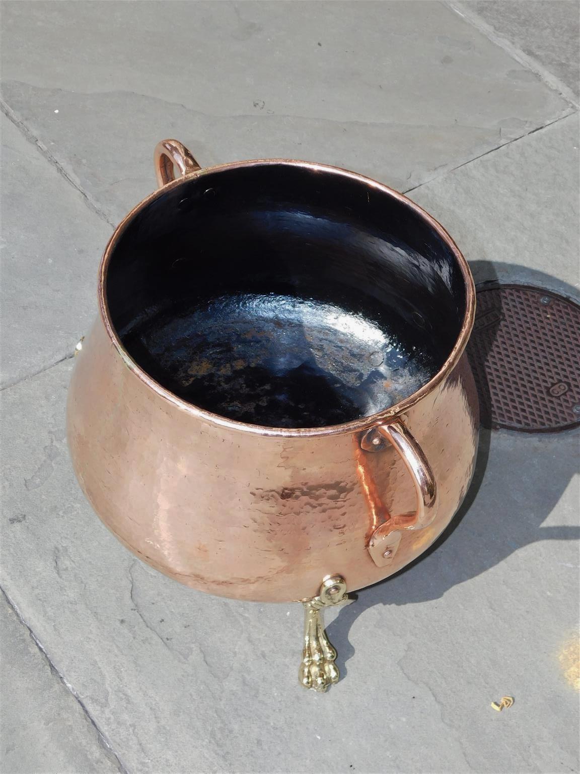 Paint English Copper Hammered & Cast Brass Jardiniere with Acanthus Paw Feet, C. 1820 For Sale