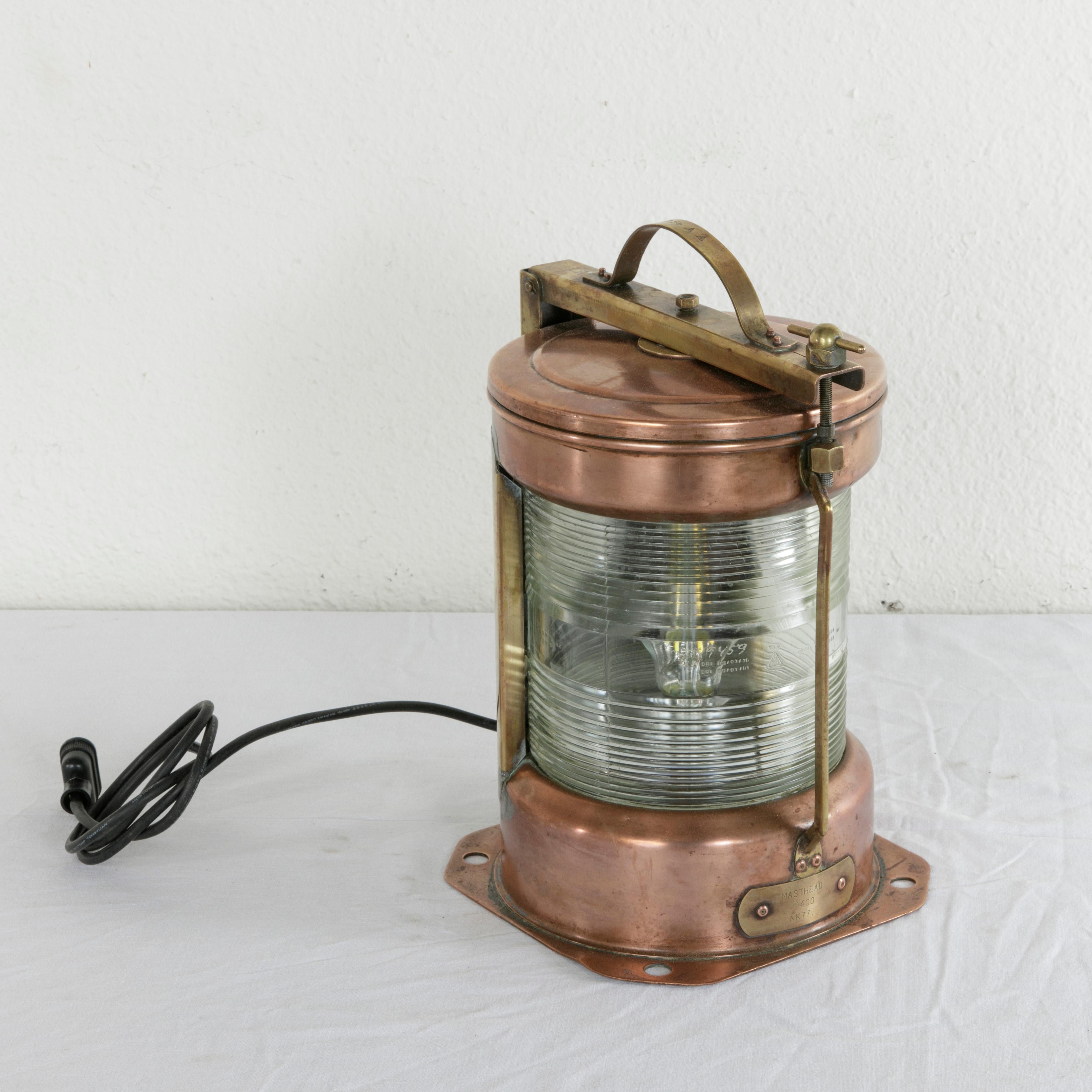 French English Copper Marine Lantern with Engraved Brass Masthead Label, Electrified