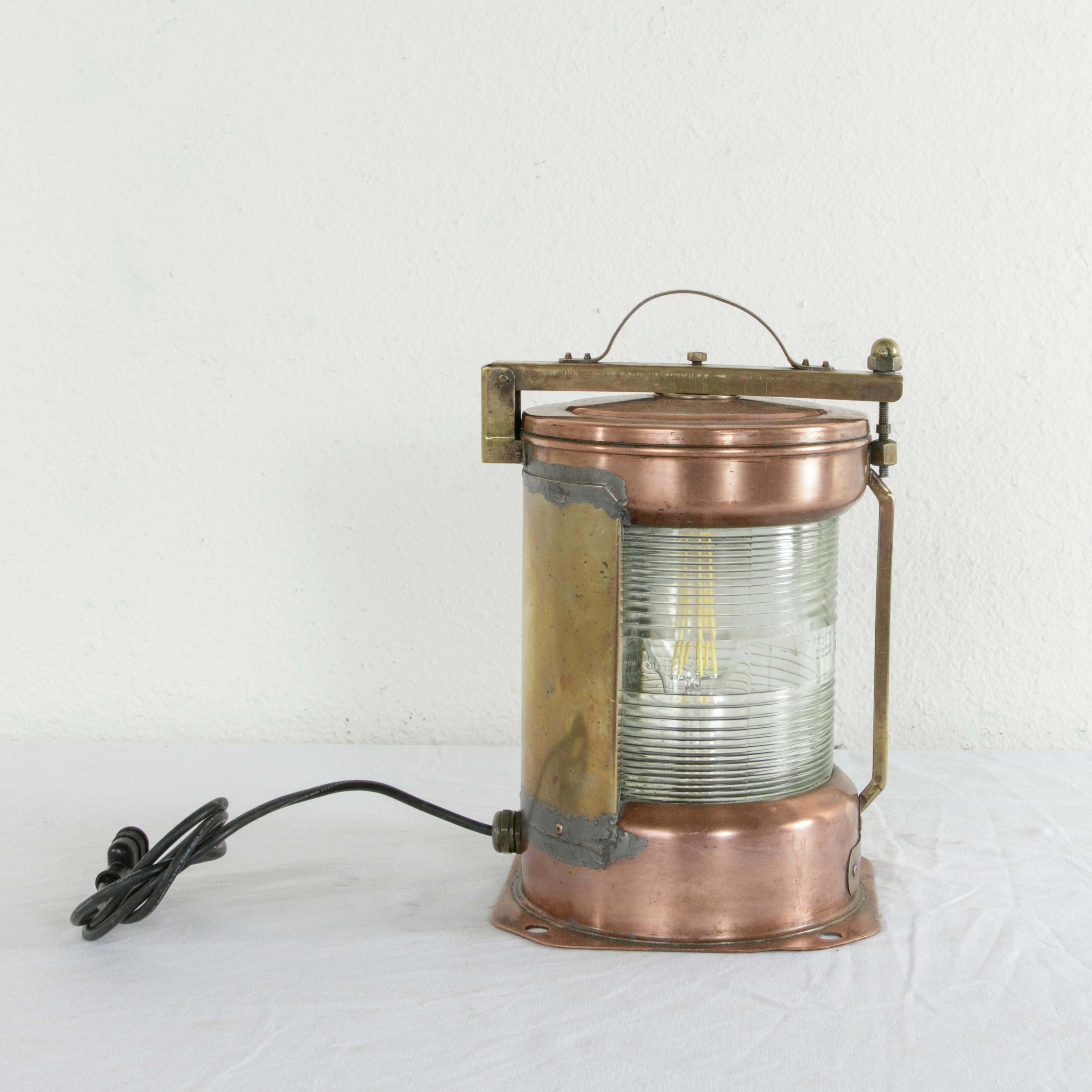 English Copper Marine Lantern with Engraved Brass Masthead Label, Electrified In Good Condition In Fayetteville, AR