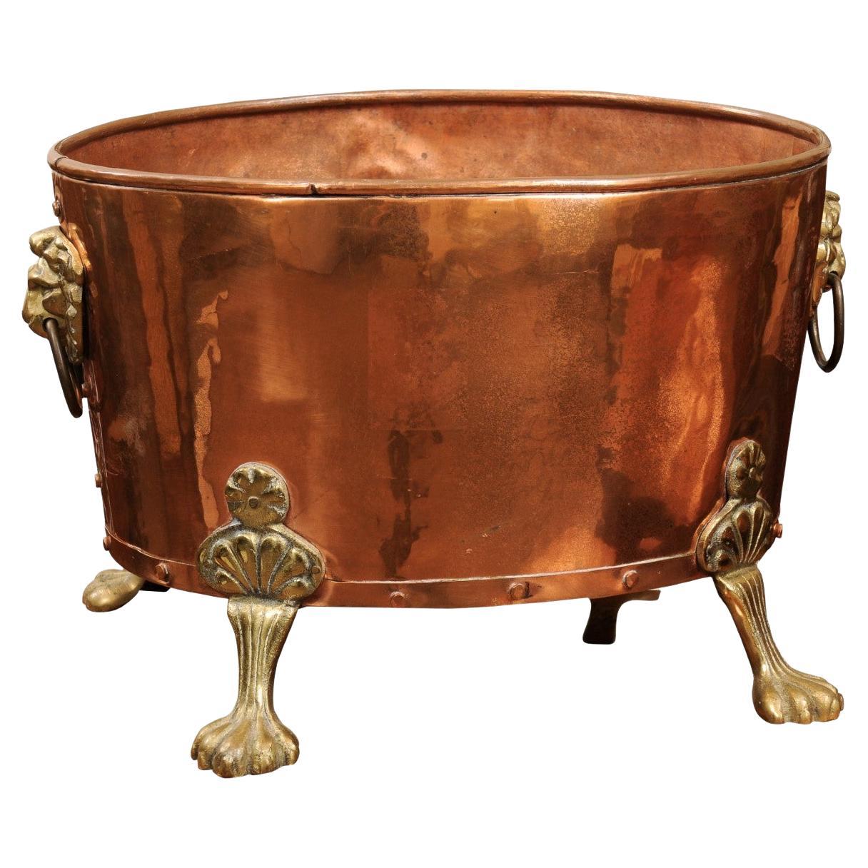 English Copper Pot with Brass Handles & Paw Feet, Ca. 1890 For Sale