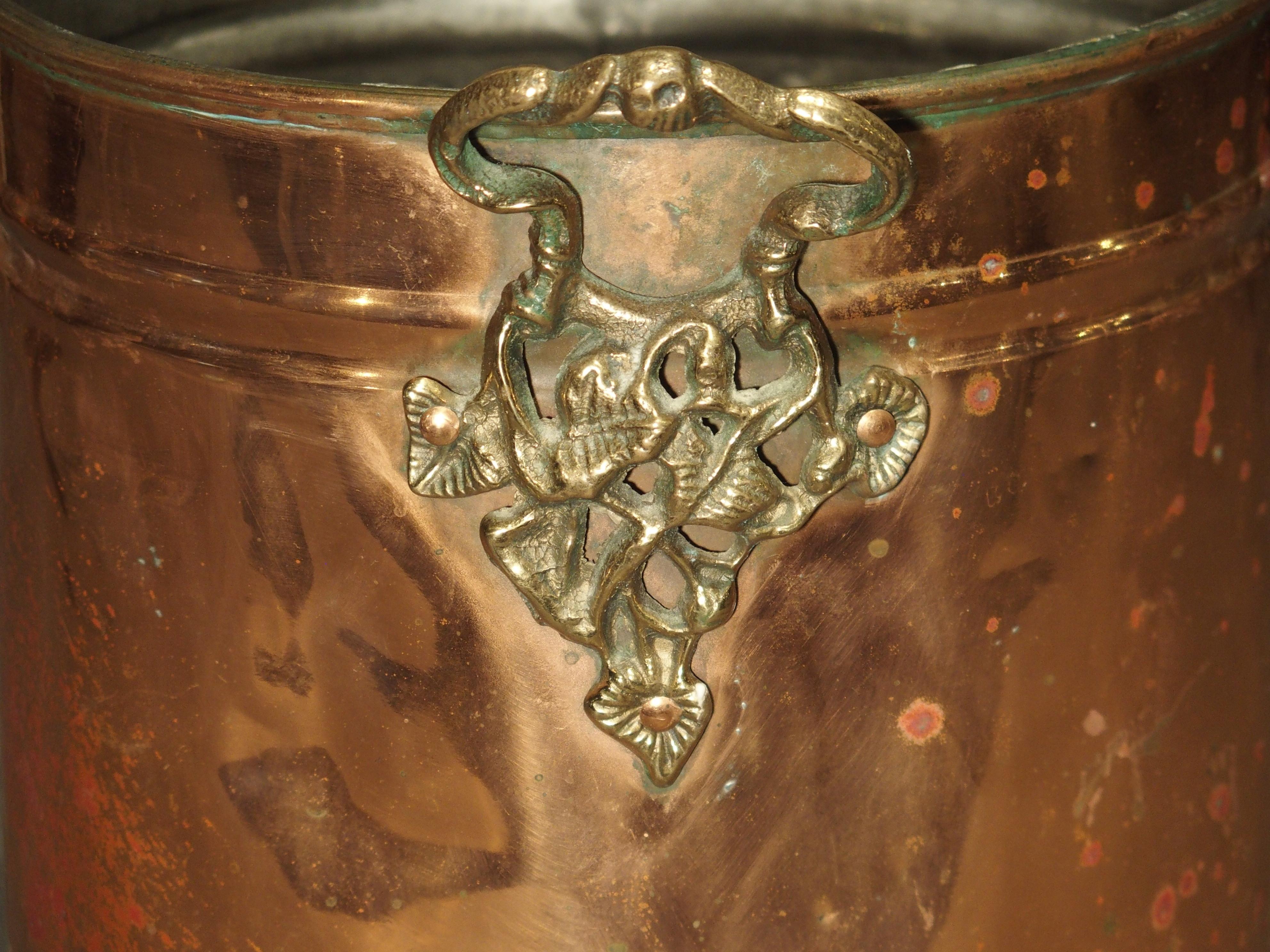 20th Century English Copper Wine Bucket with Brass Grape Leaf Handles
