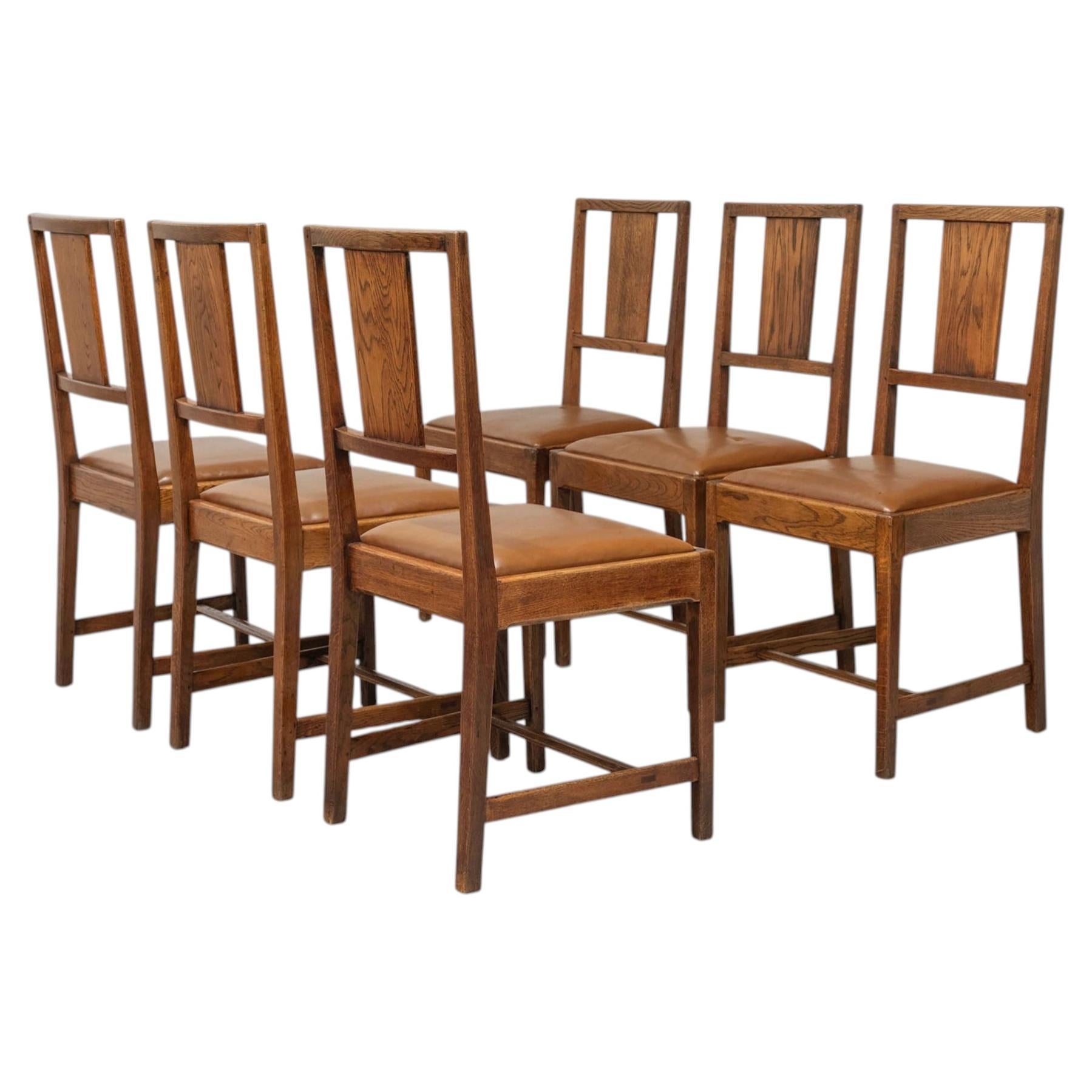 English Cotswold School Set of Six Oak and Leather Dining Chairs
