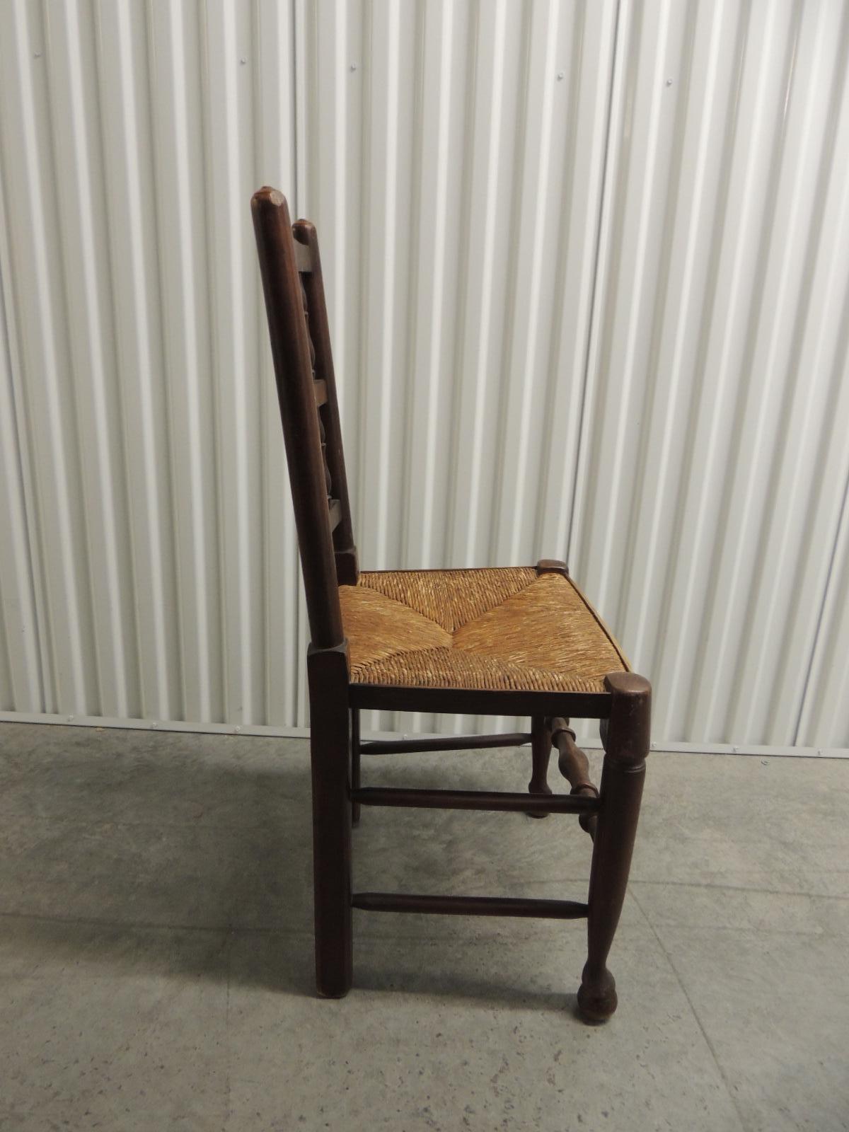 Rustic English Country Antique Wood Dining Chair with Rush Seat