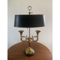 English Country Brass Horn Bouillotte Lamp with Black Tole Shade