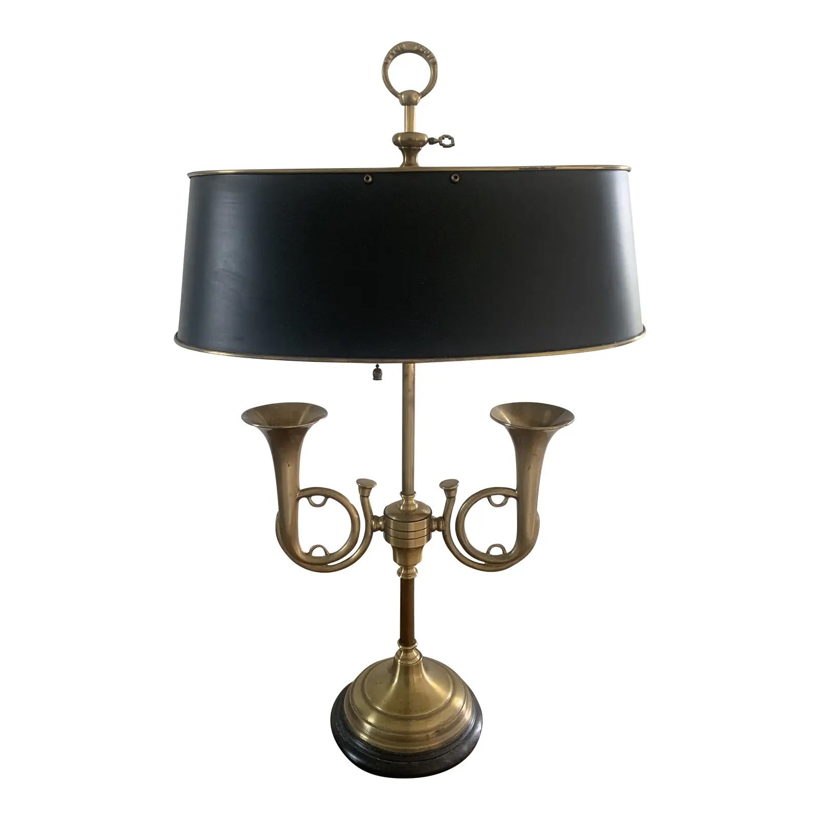 English Country Brass Horn Bouillotte Lamp with Black Tole Shade