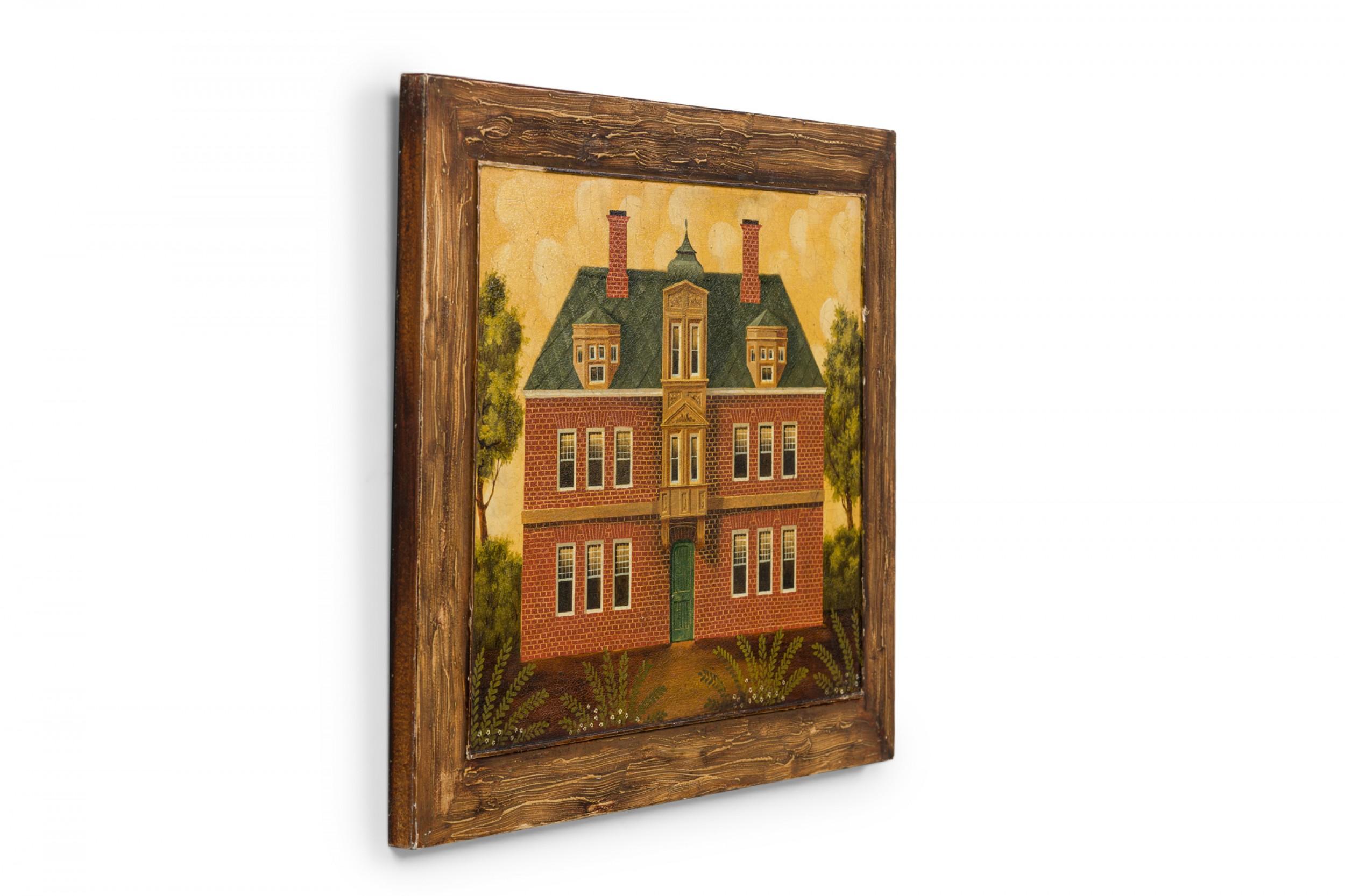 English Country style (20th Cent) acrylic on board painting, depicting a brick house, within faux wood and decorated frame. (7 Similar pieces: 057835A, 057835B, 057835C, 057835D, 057835E, 057835F, 057835G)

Some wear on frame.