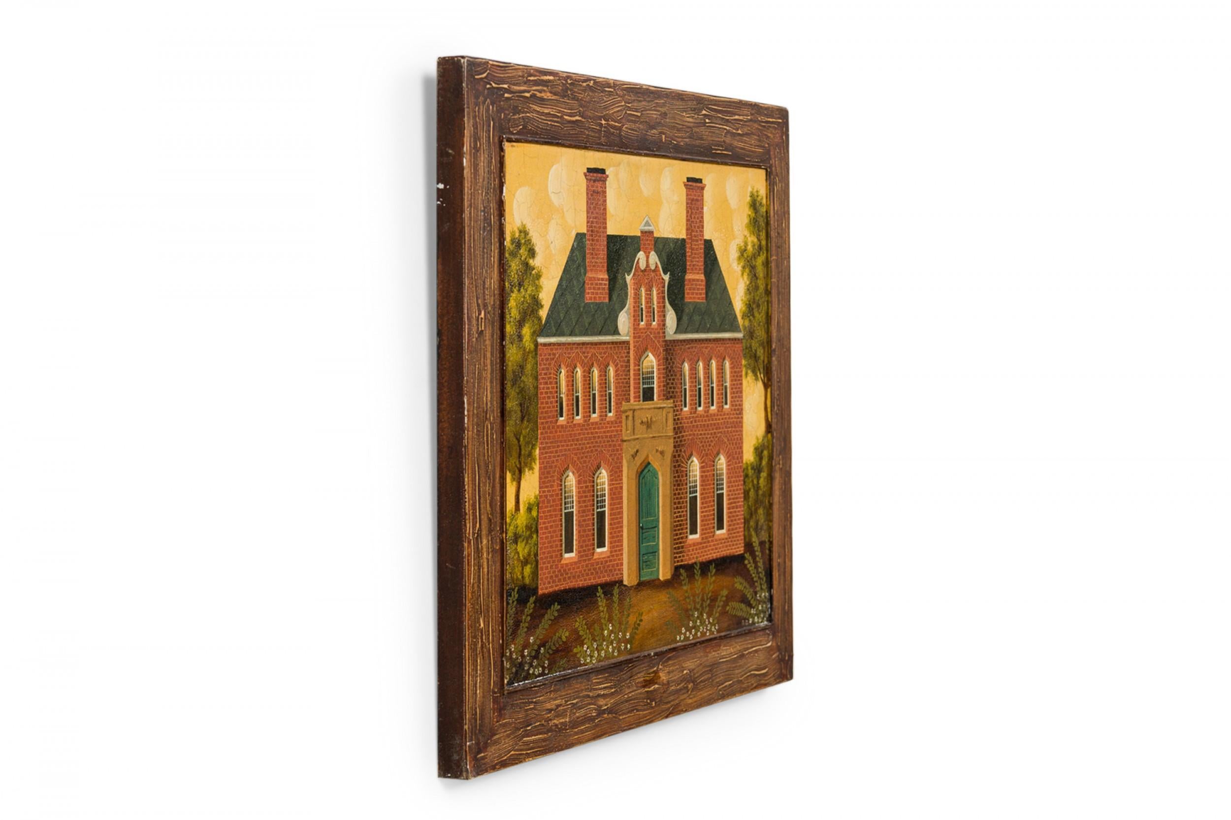 English Country style (20th Cent) acrylic on board painting, depicting a brick house, within faux wood and decorated frame. (7 Similar pieces: 057835A, 057835B, 057835D, 057835E, 057835F, 057835G, 057835H)

Condition: Good; Wear consistent with age