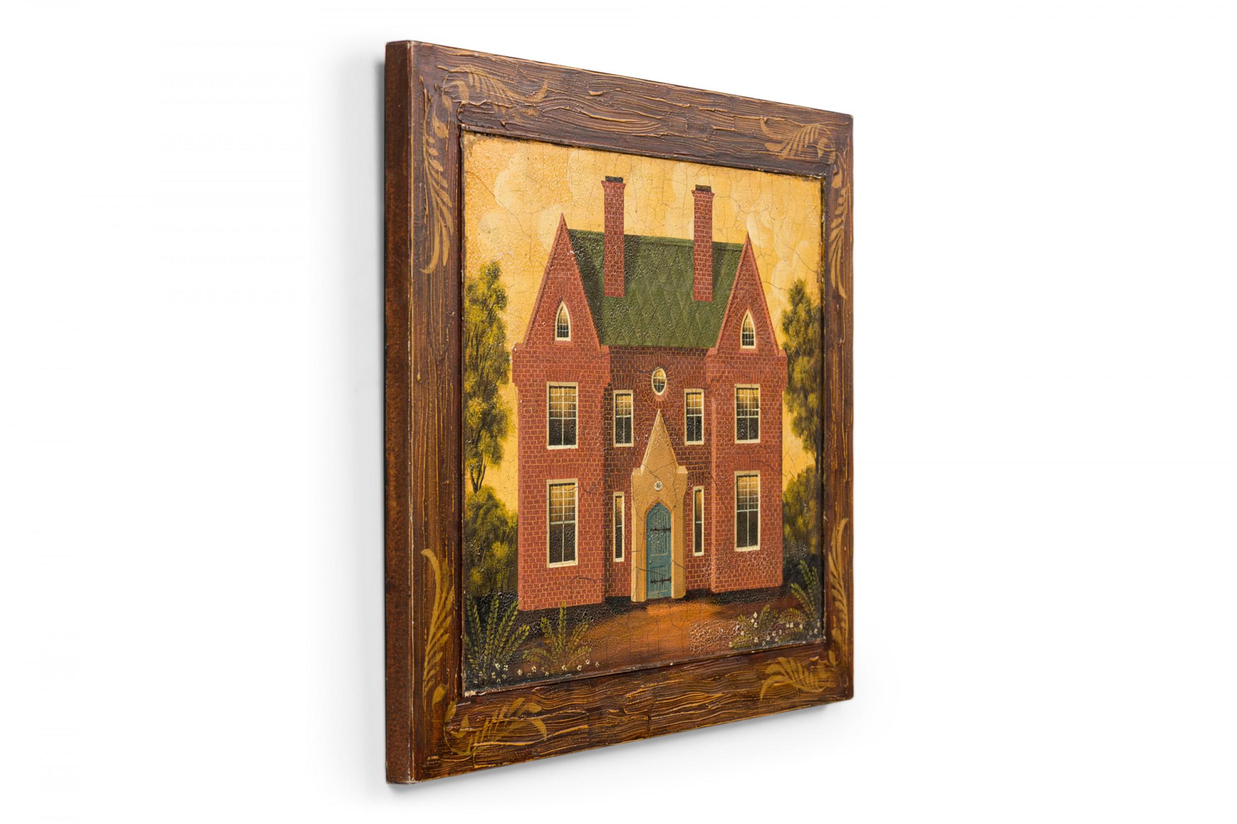 Pintura acrílica sobre tabla de estilo campestre inglés (siglo XX), que representa una casa de ladrillo, dentro de un marco de imitación madera y decorado. (7 piezas similares: 057835A, 057835B, 057835C, 057835E, 057835F, 057835G, 057835H)

Algo de