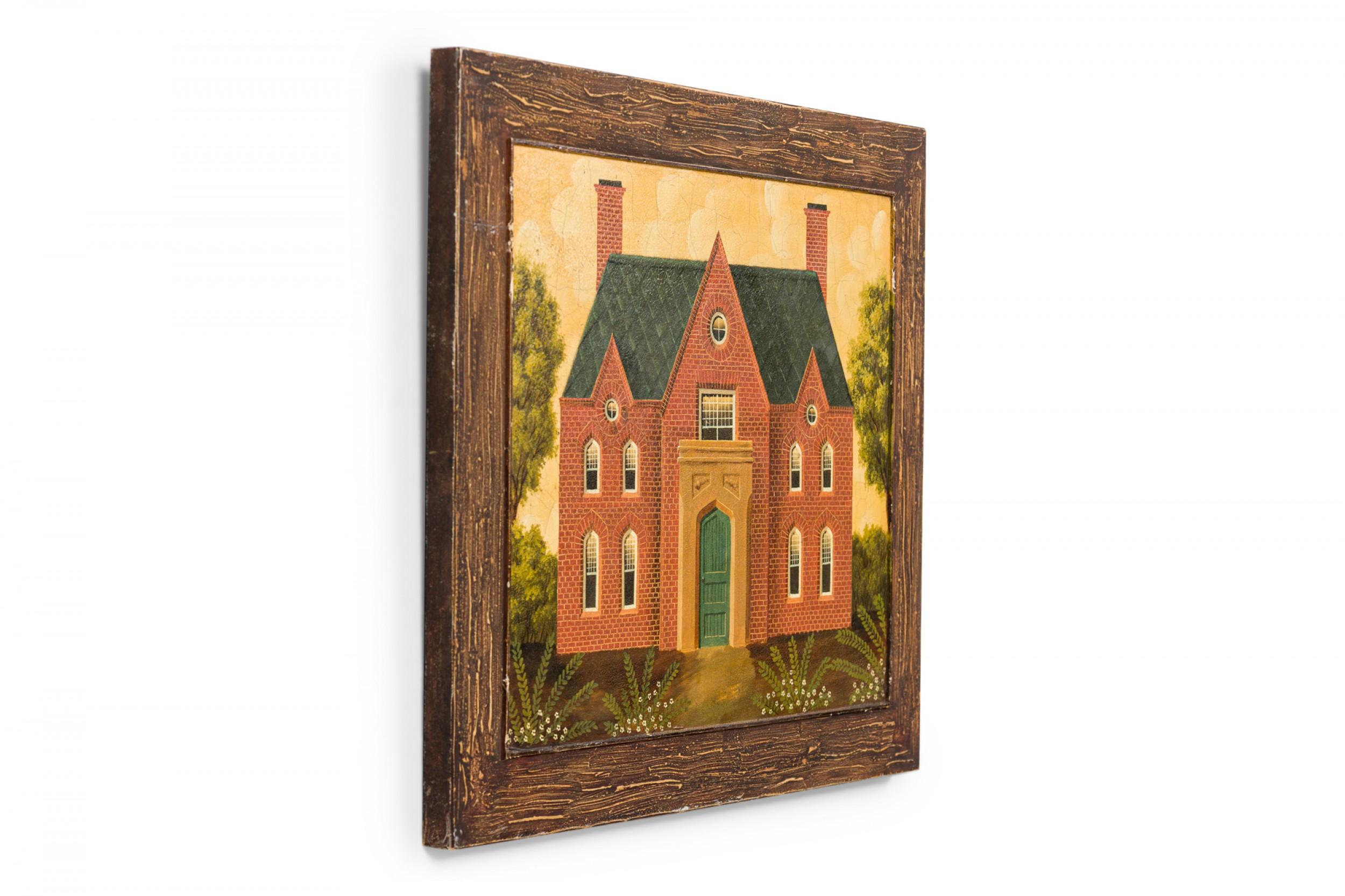 English Country style (20th Cent) acrylic on board painting, depicting a brick house, within faux wood and decorated frame. (7 Similar pieces: 057835A, 057835B, 057835C, 057835D, 057835E, 057835G, 057835H)

Some wear on frame.