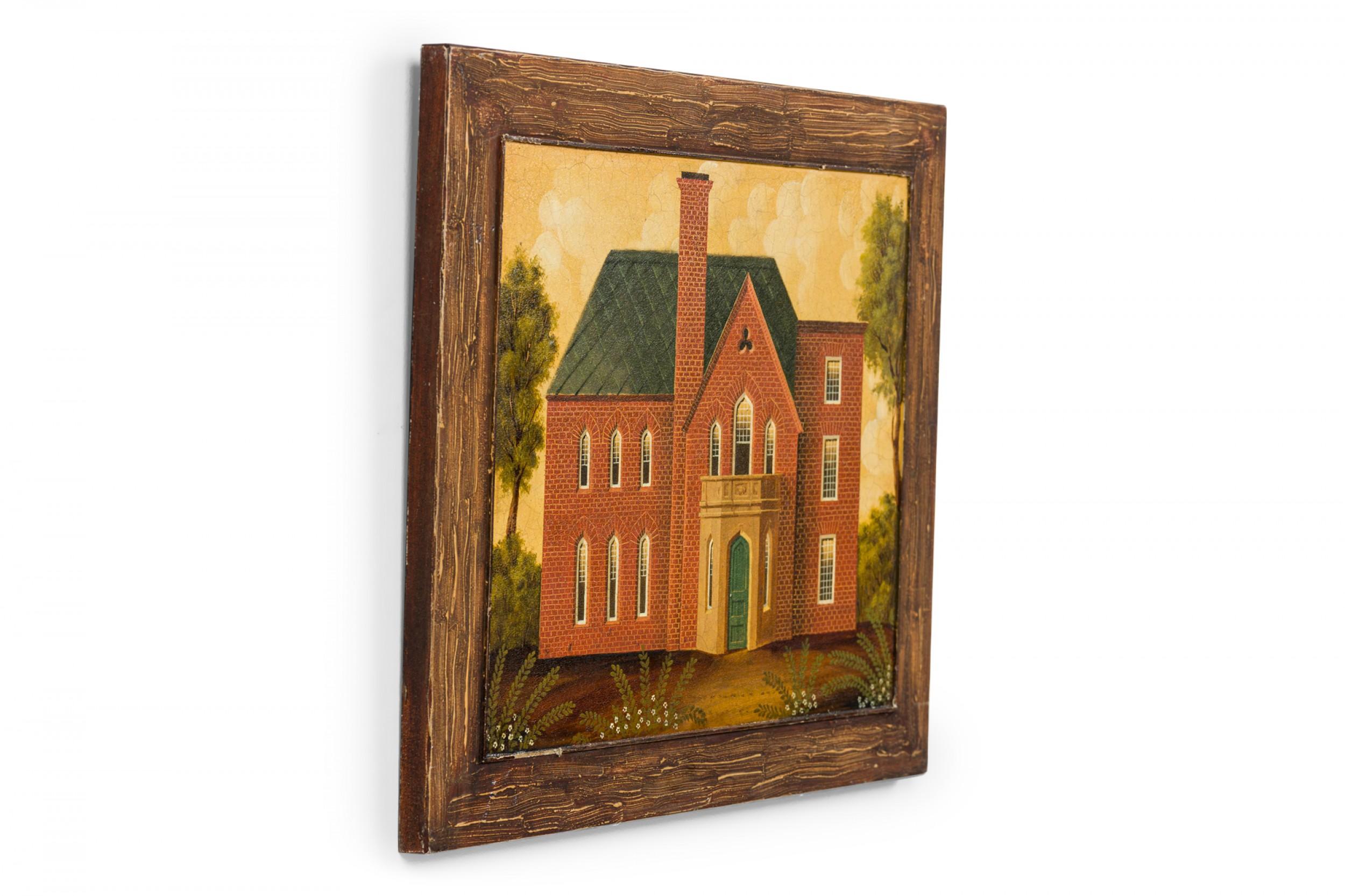 English Country style (20th Cent) acrylic on board painting, depicting a brick house, within faux wood and decorated frame. (7 Similar pieces: 057835A, 057835B, 057835C, 057835D, 057835E, 057835F, 057835H)

Some wear on frame.