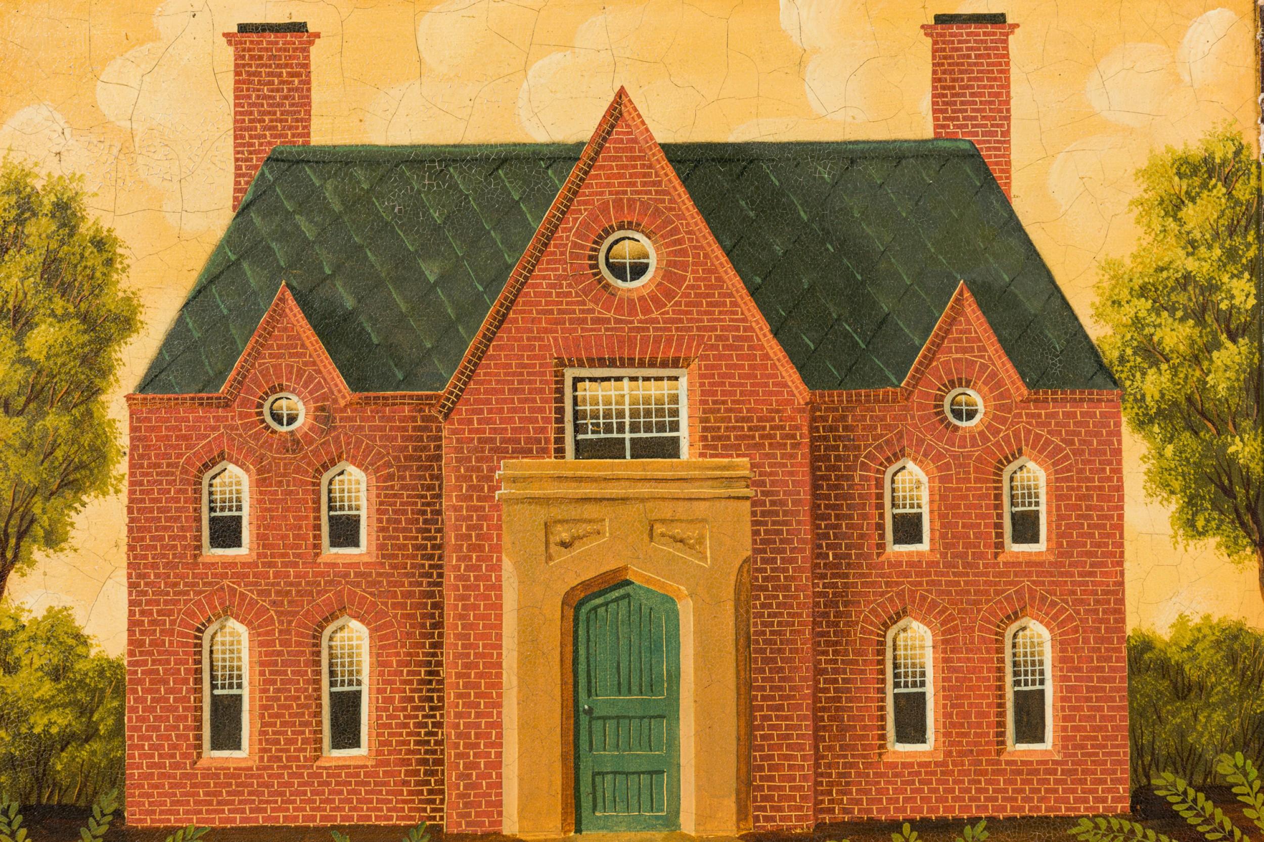 British Colonial English Country Brick House Acrylic Painting For Sale