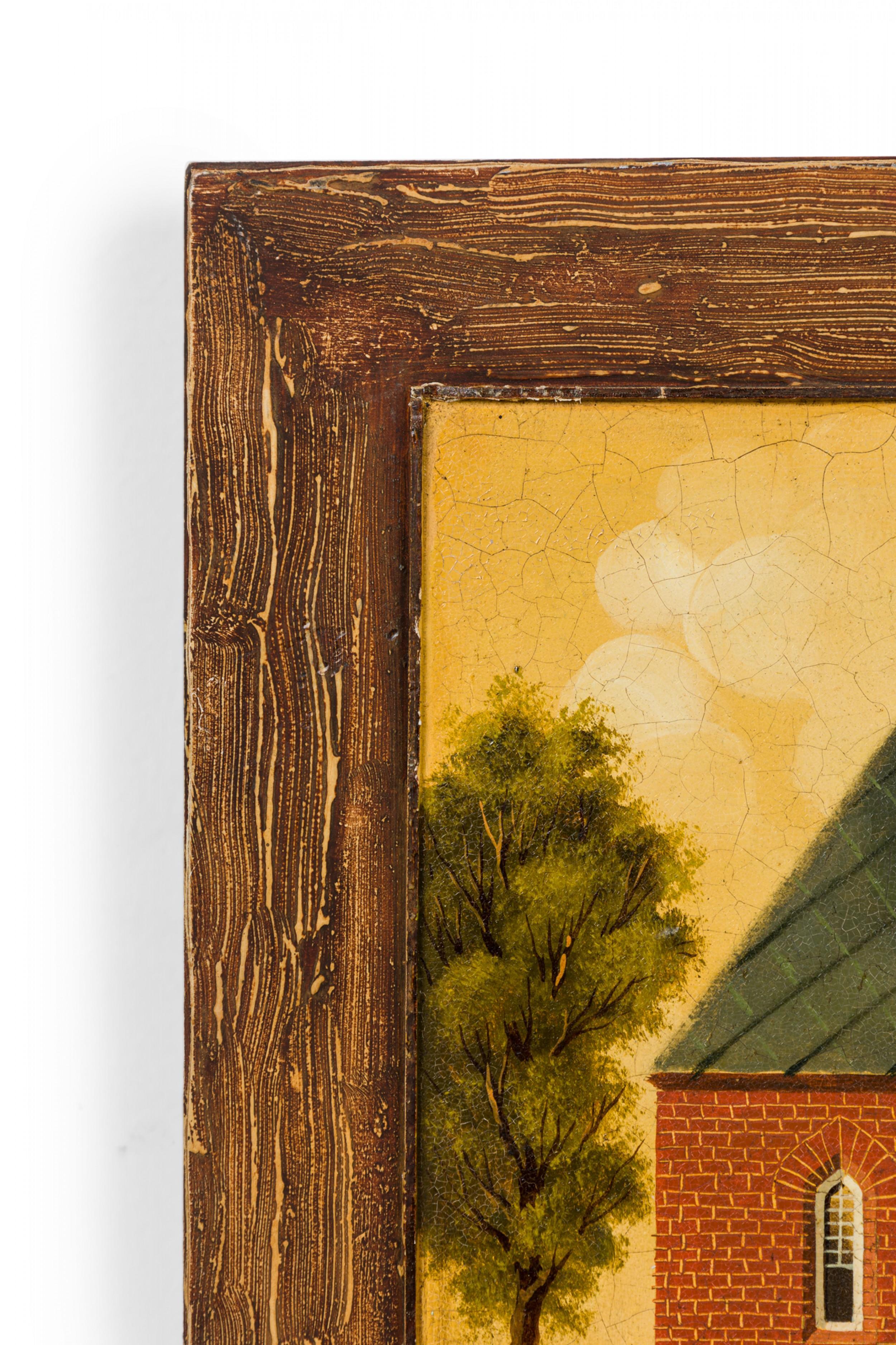 British Colonial English Country Brick House Acrylic Painting For Sale