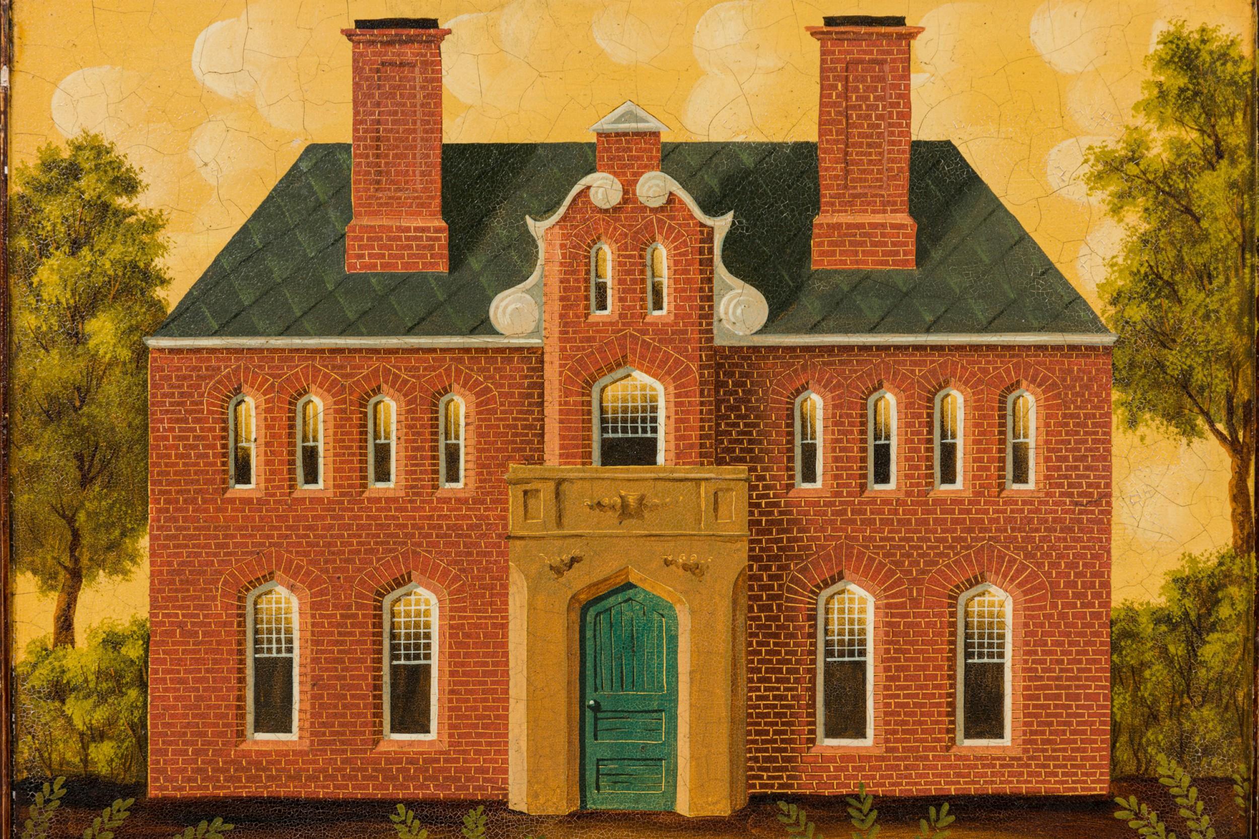 British English Country Brick House Acrylic Painting For Sale