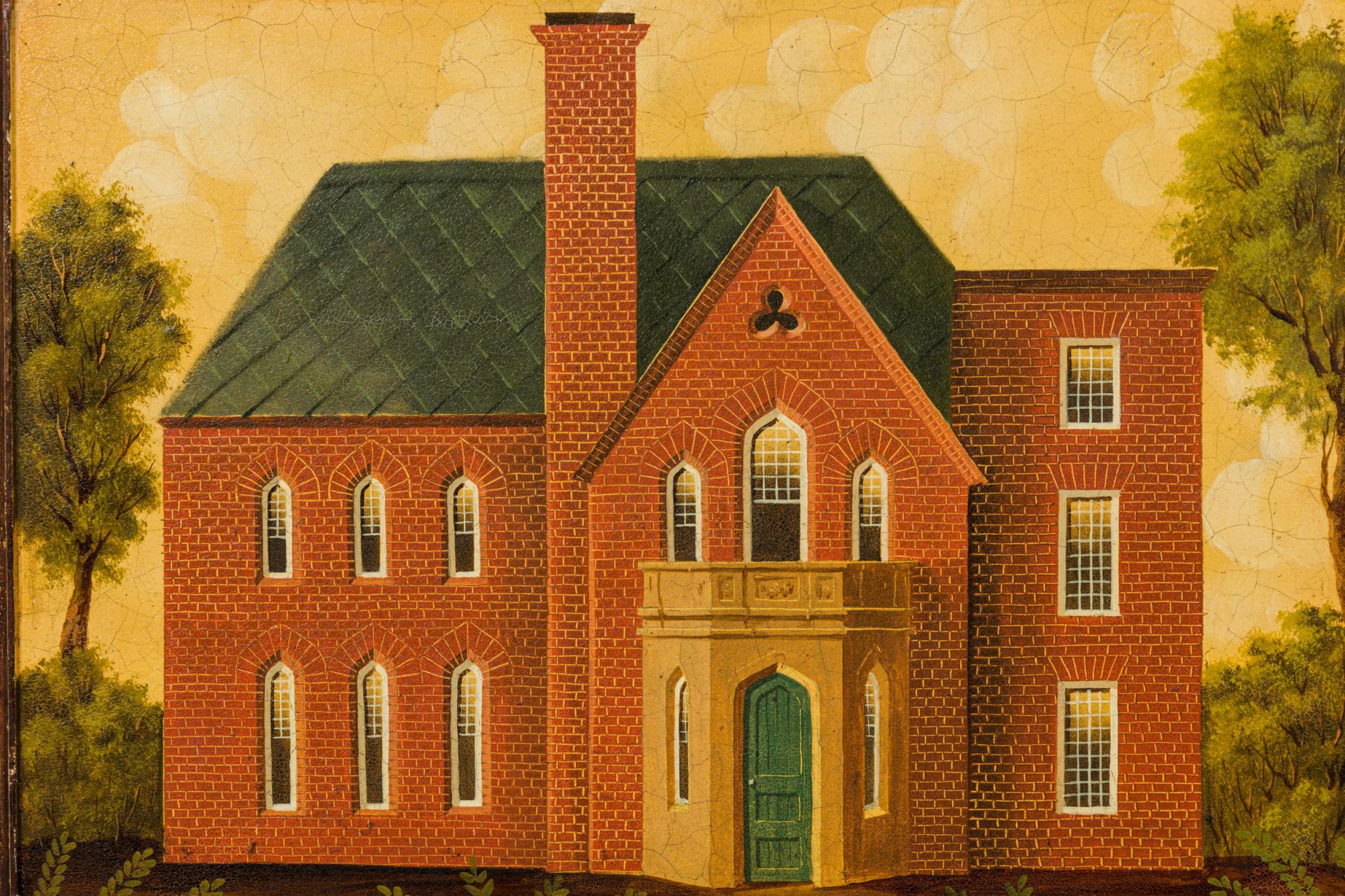 British English Country Brick House Acrylic Painting For Sale