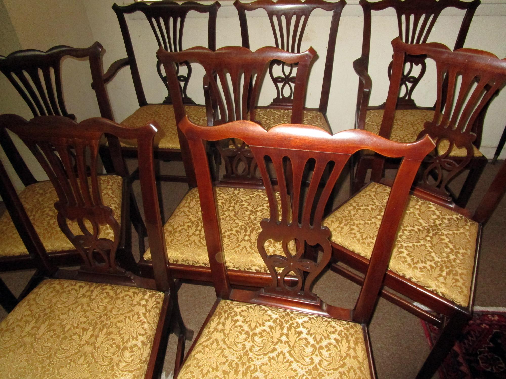 Damask English Country Chippendale Style Mahogany Dining Chairs Set of Eight