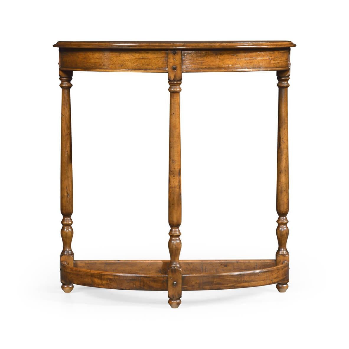 English country walnut demilune console table with molded edge, turned legs, and a molded frame stretcher base.

Dimensions: 32.5