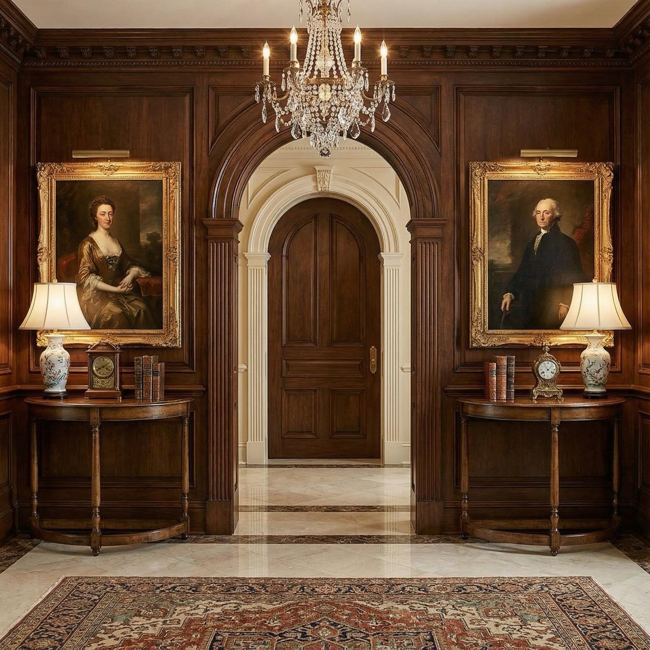 English country walnut demilune console table with molded edge, turned legs, and a molded frame stretcher base.

Dimensions: 32.5