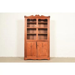 English Country Farmhouse Carved Walnut Bookcase Cabinet, 1970s