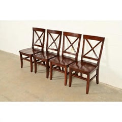 English Country Farmhouse Carved Walnut X-Back Dining Chairs, Set of Four