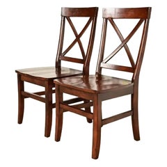 English Country Farmhouse Carved Walnut X-Back Side Chairs or Dining Chairs