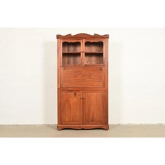 English Country Farmhouse Studio Crafted Carved Walnut Drop Front Secretary Desk