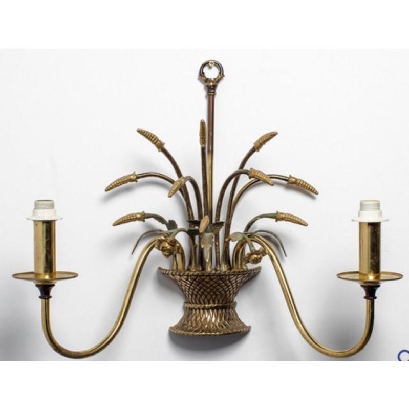 Lovely pair of vintage English country style two-light sconces made at the turn of the century. Inspired by nature, this gilded brass light fixture features a Classic wheat sheaf motif with flowers nestled in a basket. Rewired for modern use and