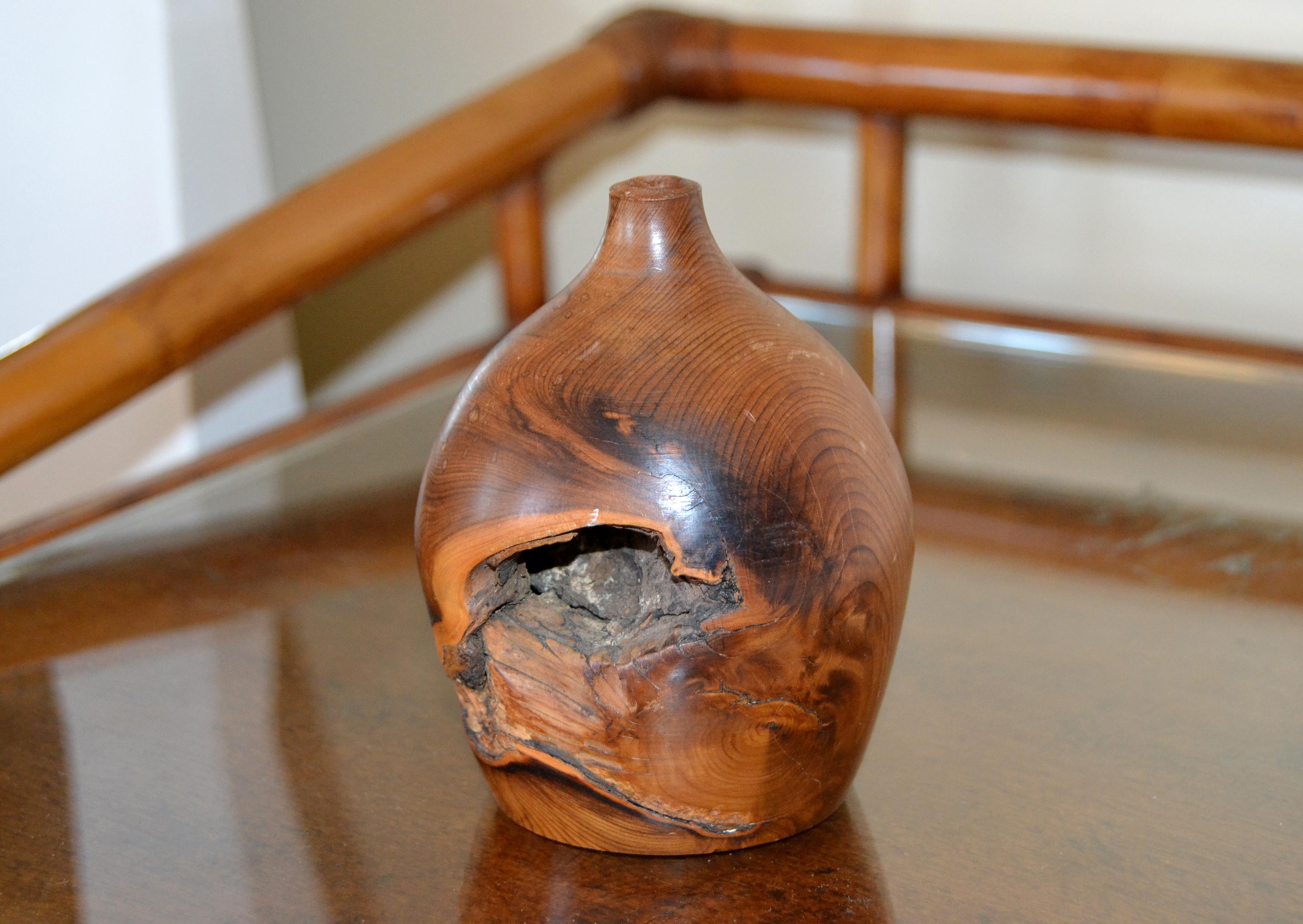 Rustic English Country Handcrafted Cockhill Crafts Sculptural Turned Yew Wood Vase 1960