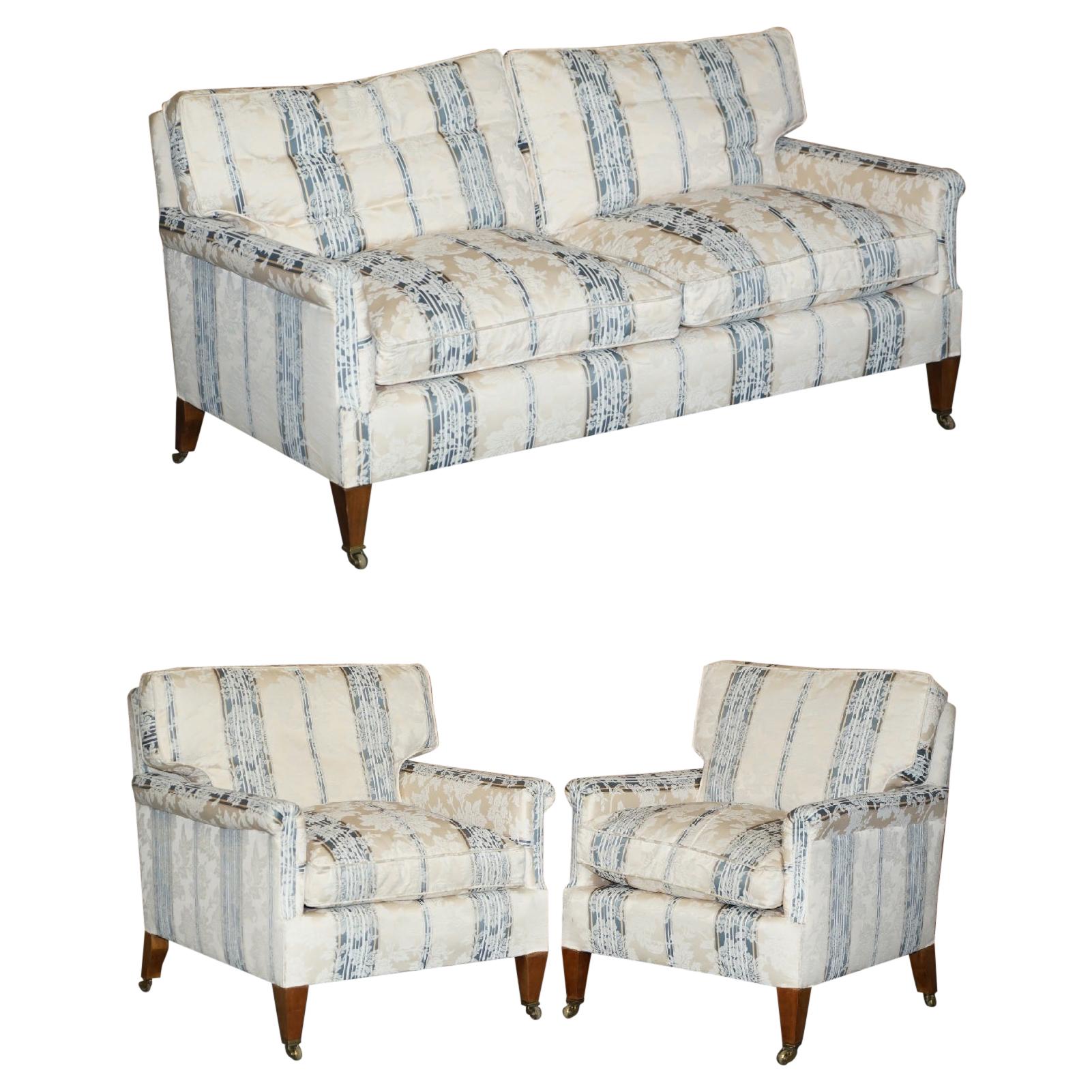 English Country House Fine Three Piece Suite Sofa & Armchairs Feather Cushions For Sale